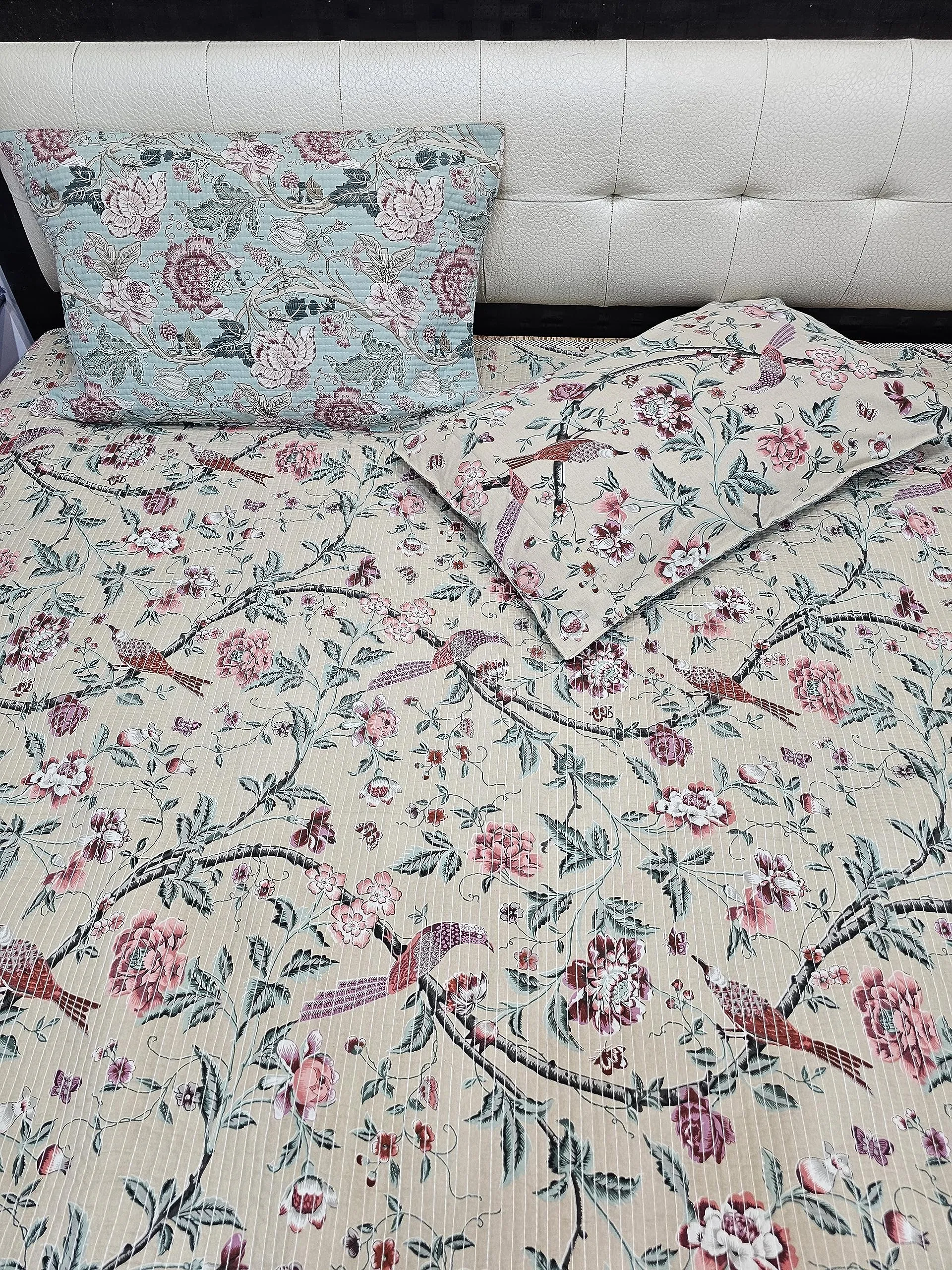 LushHavenDecor Jaipuri Cotton Traditional Rajasthani Print Double Bed, Bed Cover, Coverlet, Bed Spread, Machine Kantha Quilt, Flower, Multicolor