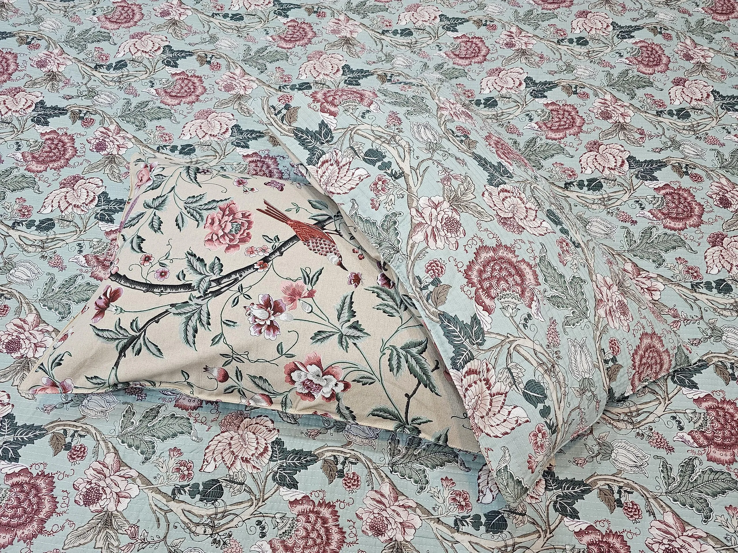 LushHavenDecor Jaipuri Cotton Traditional Rajasthani Print Double Bed, Bed Cover, Coverlet, Bed Spread, Machine Kantha Quilt, Flower, Multicolor