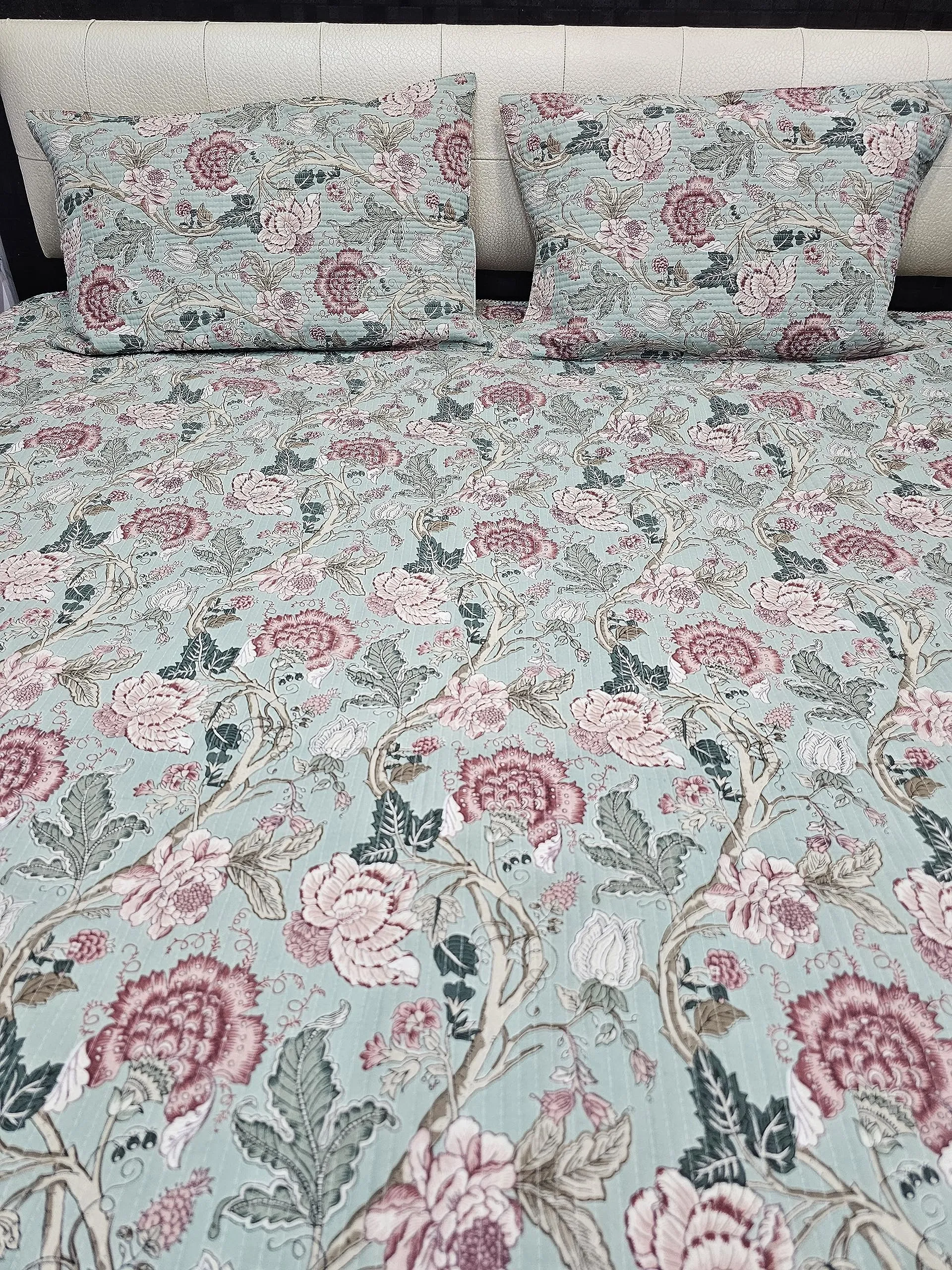 LushHavenDecor Jaipuri Cotton Traditional Rajasthani Print Double Bed, Bed Cover, Coverlet, Bed Spread, Machine Kantha Quilt, Flower, Multicolor