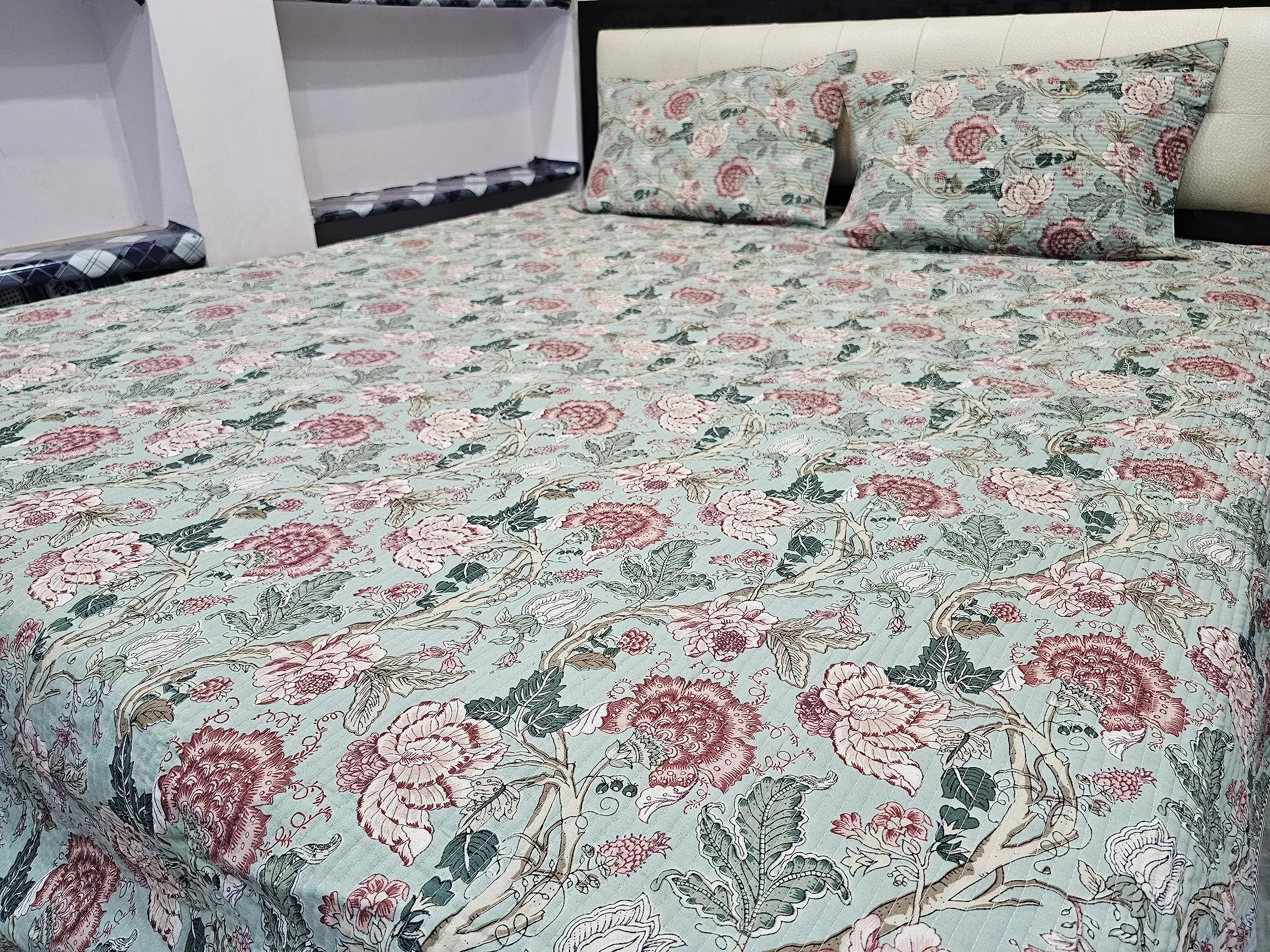 LushHavenDecor Jaipuri Cotton Traditional Rajasthani Print Double Bed, Bed Cover, Coverlet, Bed Spread, Machine Kantha Quilt, Flower, Multicolor