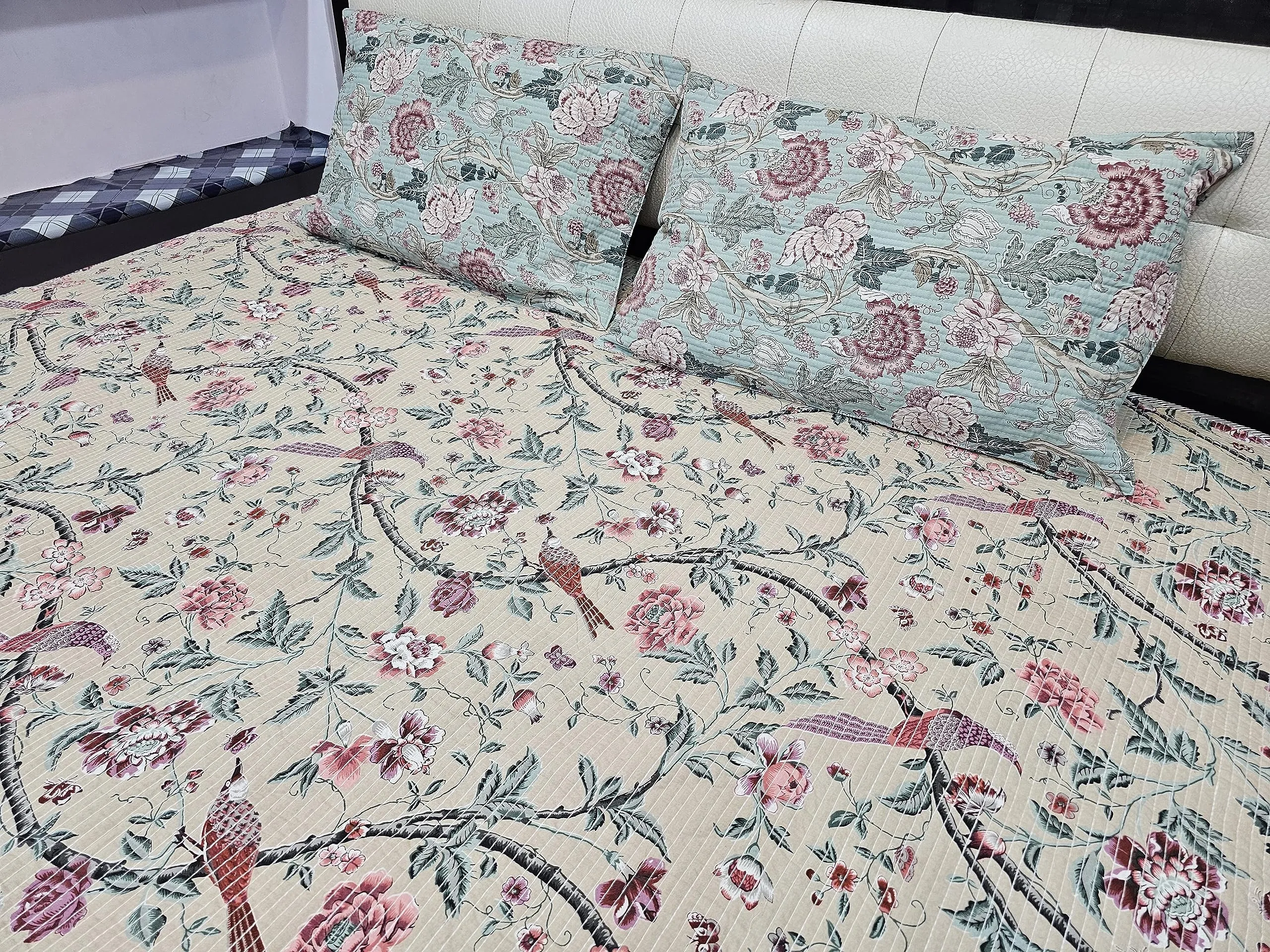 LushHavenDecor Jaipuri Cotton Traditional Rajasthani Print Double Bed, Bed Cover, Coverlet, Bed Spread, Machine Kantha Quilt, Flower, Multicolor