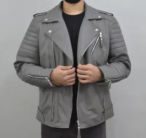 Men's Brando Grey Motorcycle Genuine Lambskin Leather Biker Jacket