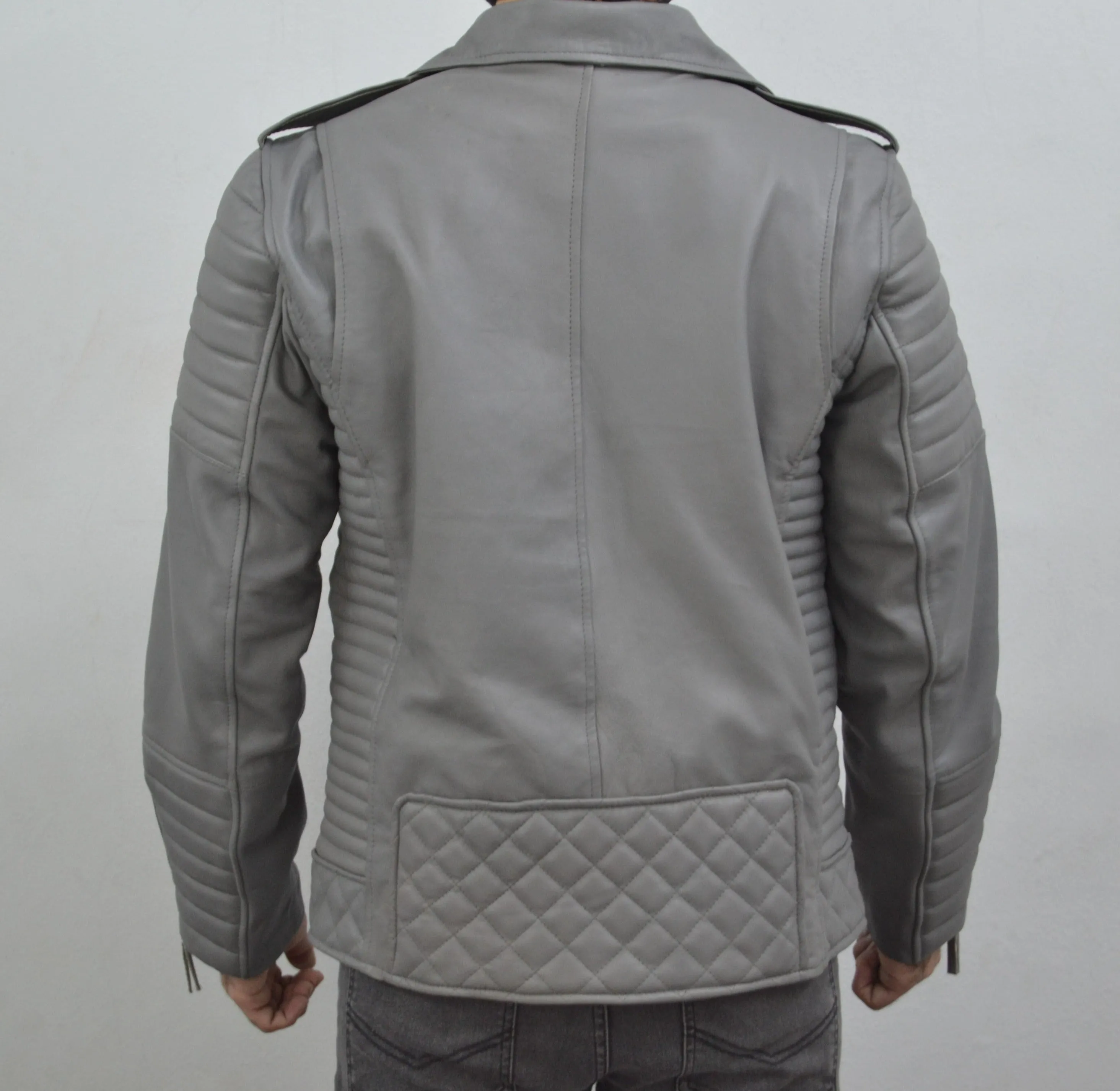 Men's Brando Grey Motorcycle Genuine Lambskin Leather Biker Jacket