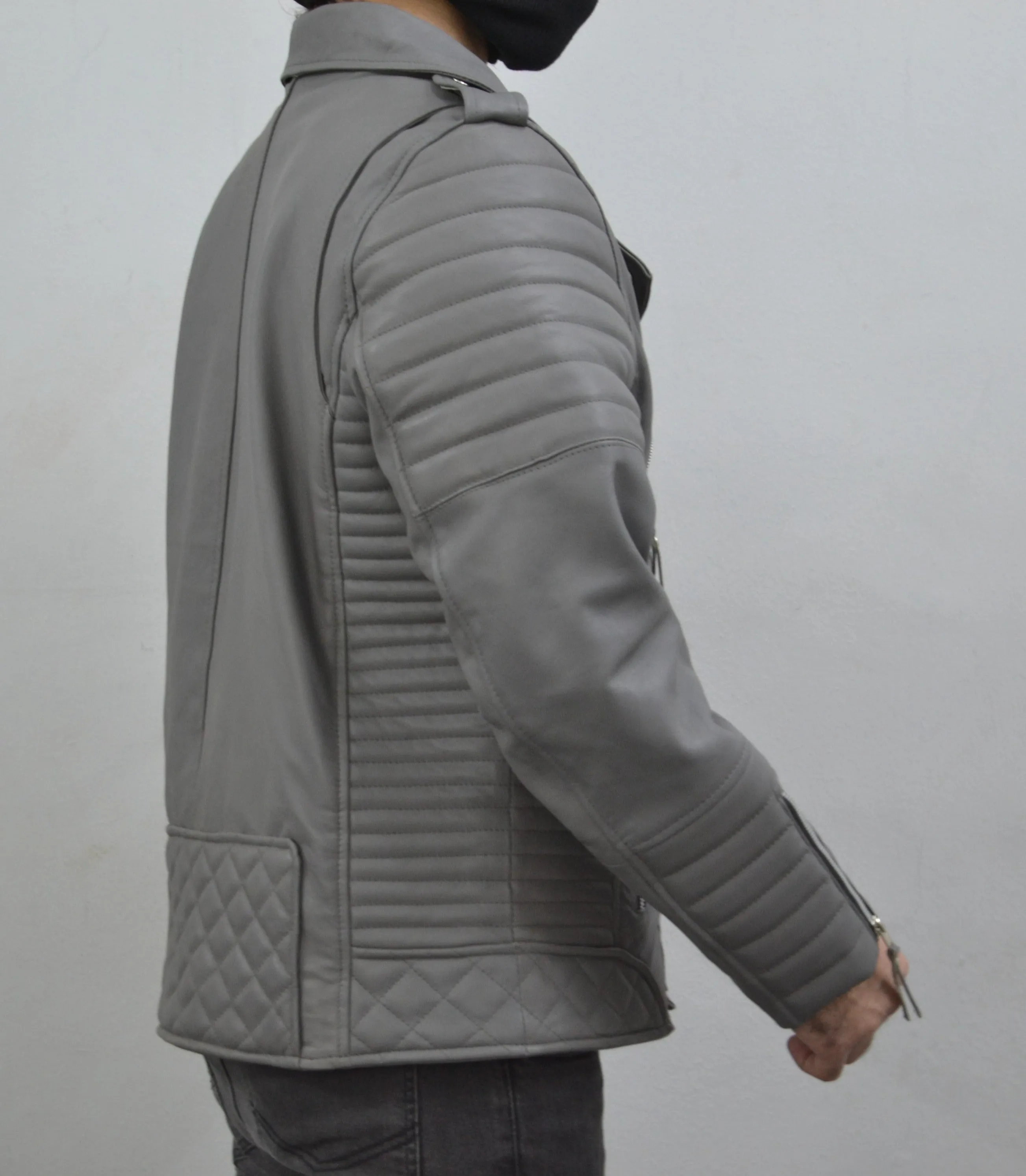 Men's Brando Grey Motorcycle Genuine Lambskin Leather Biker Jacket