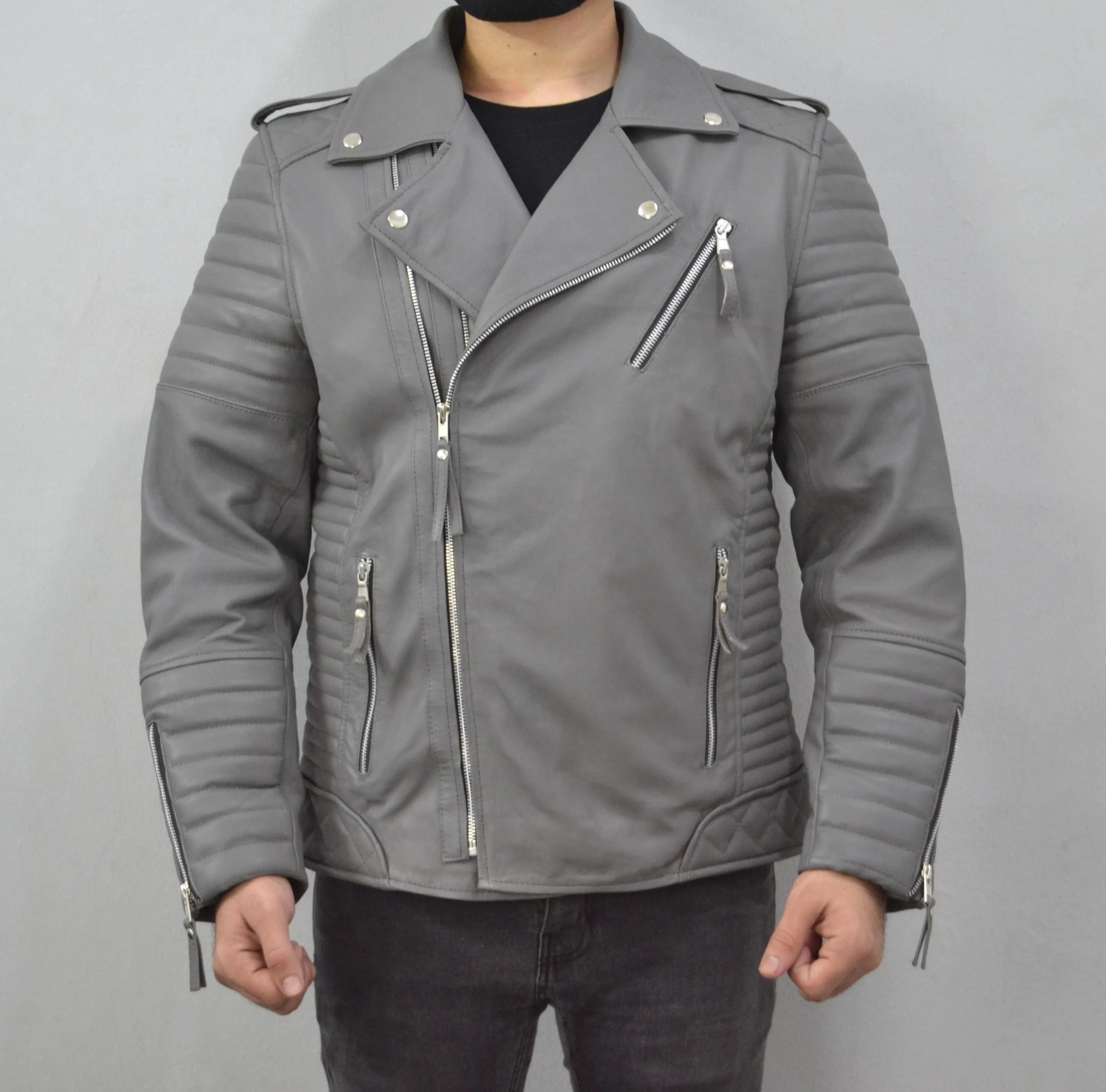 Men's Brando Grey Motorcycle Genuine Lambskin Leather Biker Jacket