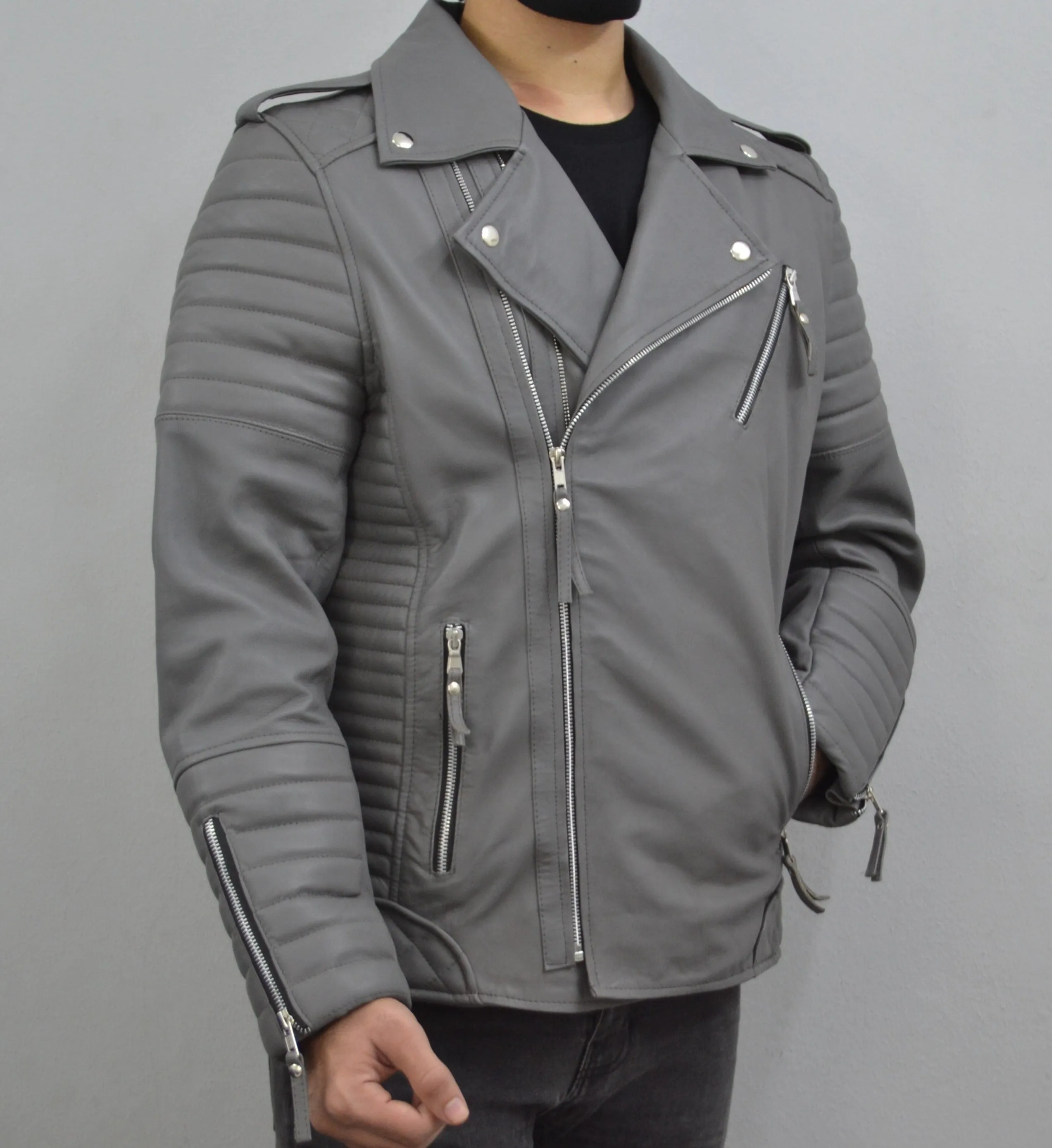 Men's Brando Grey Motorcycle Genuine Lambskin Leather Biker Jacket