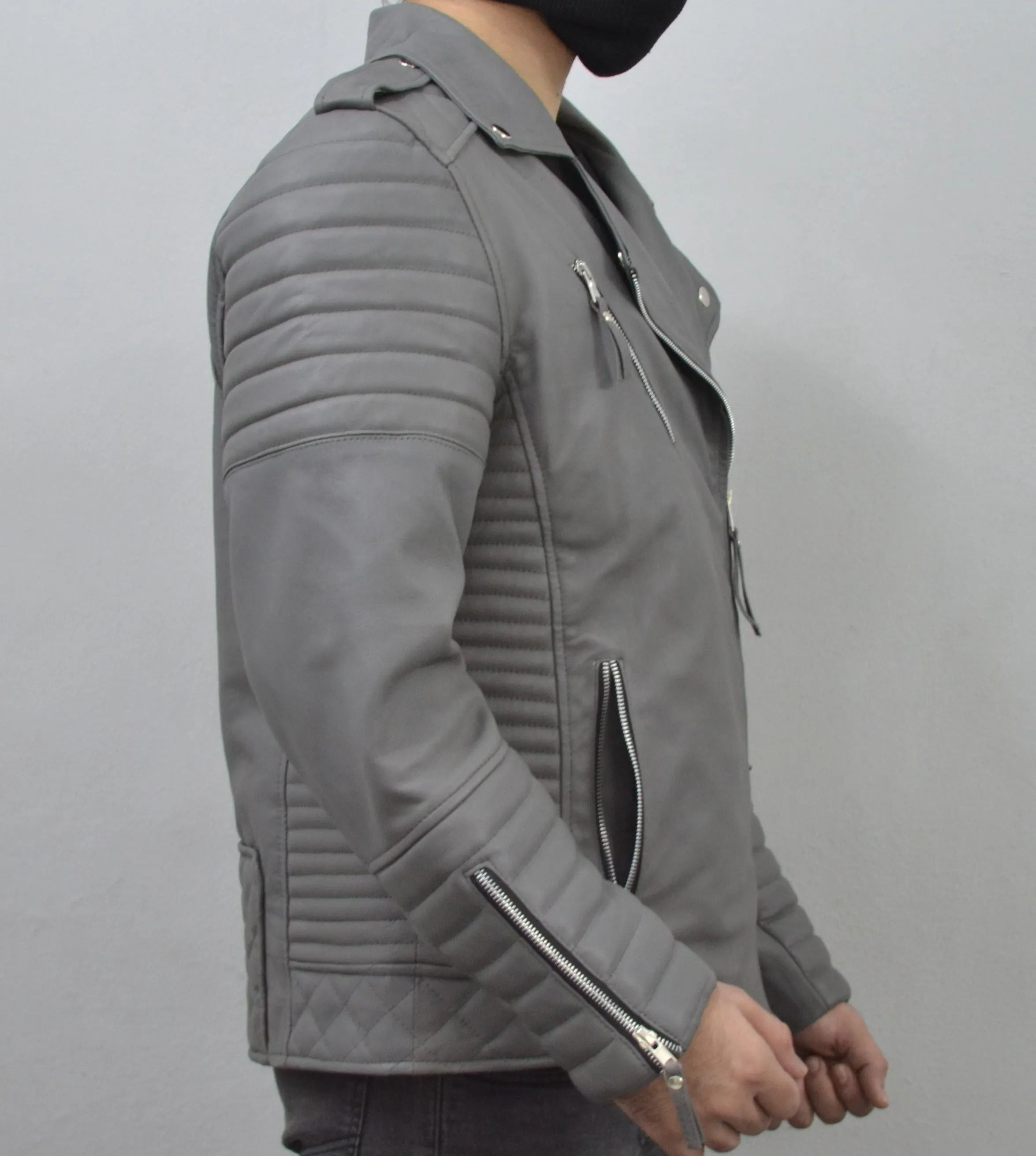 Men's Brando Grey Motorcycle Genuine Lambskin Leather Biker Jacket