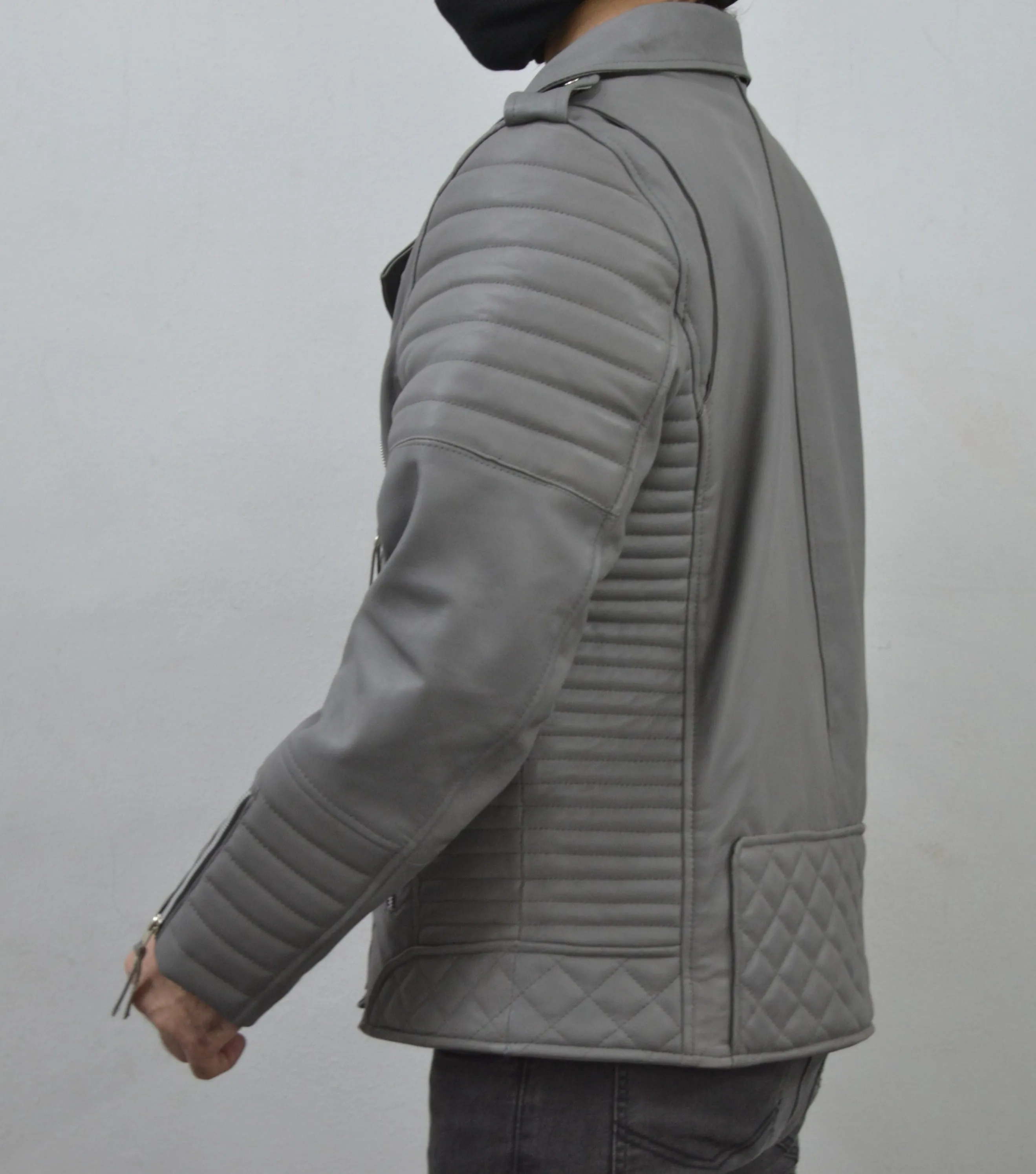 Men's Brando Grey Motorcycle Genuine Lambskin Leather Biker Jacket