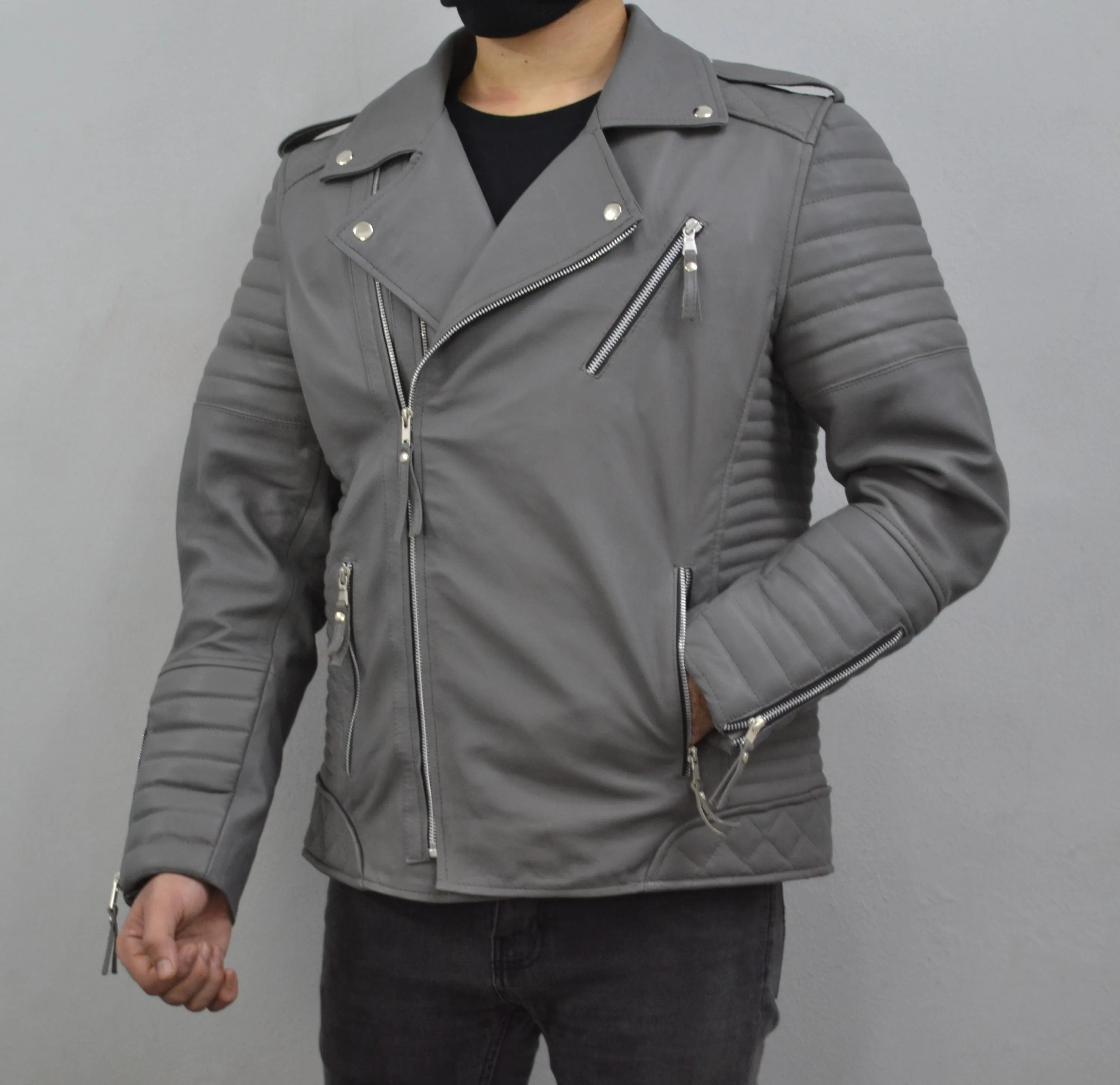Men's Brando Grey Motorcycle Genuine Lambskin Leather Biker Jacket