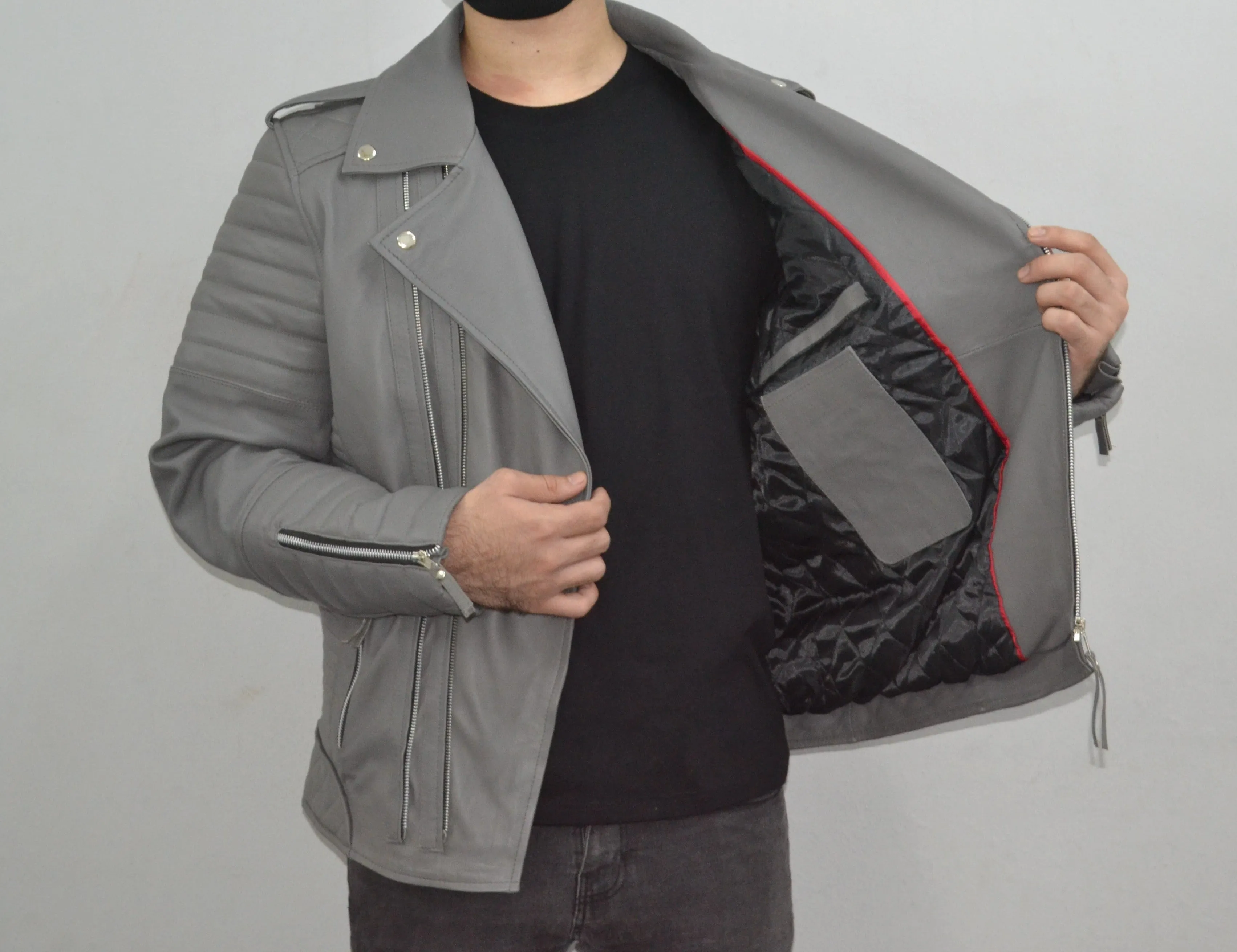 Men's Brando Grey Motorcycle Genuine Lambskin Leather Biker Jacket