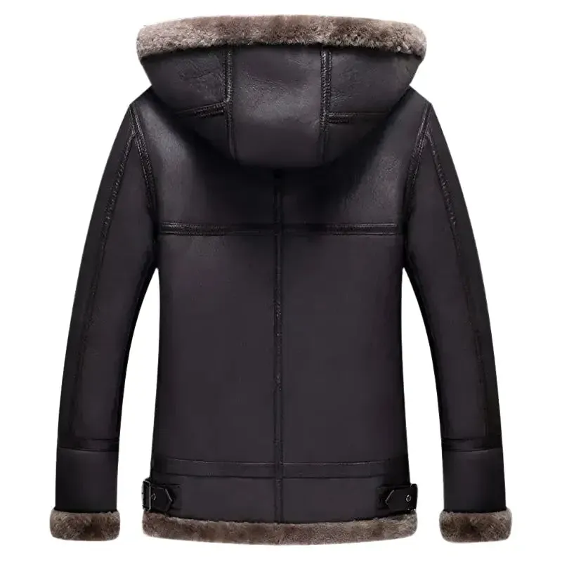 Men's Hooded Shearling Flight Jacket – Warm Sheepskin Aviator Coat