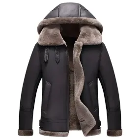 Men's Hooded Shearling Flight Jacket – Warm Sheepskin Aviator Coat
