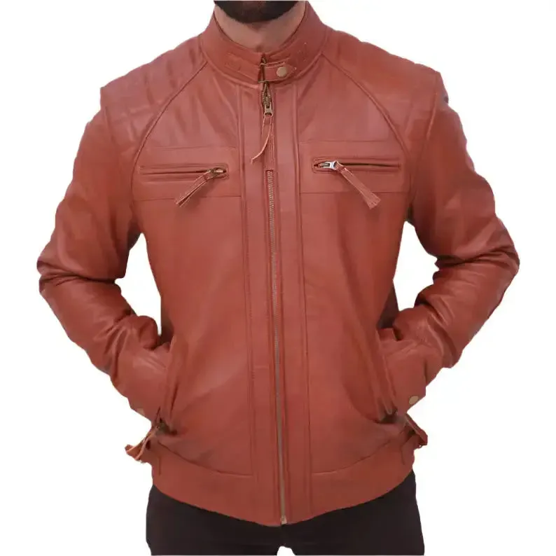Men's Quilted Distressed Brown Leather Jacket - Café Racer Style