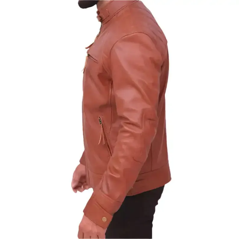 Men's Quilted Distressed Brown Leather Jacket - Café Racer Style