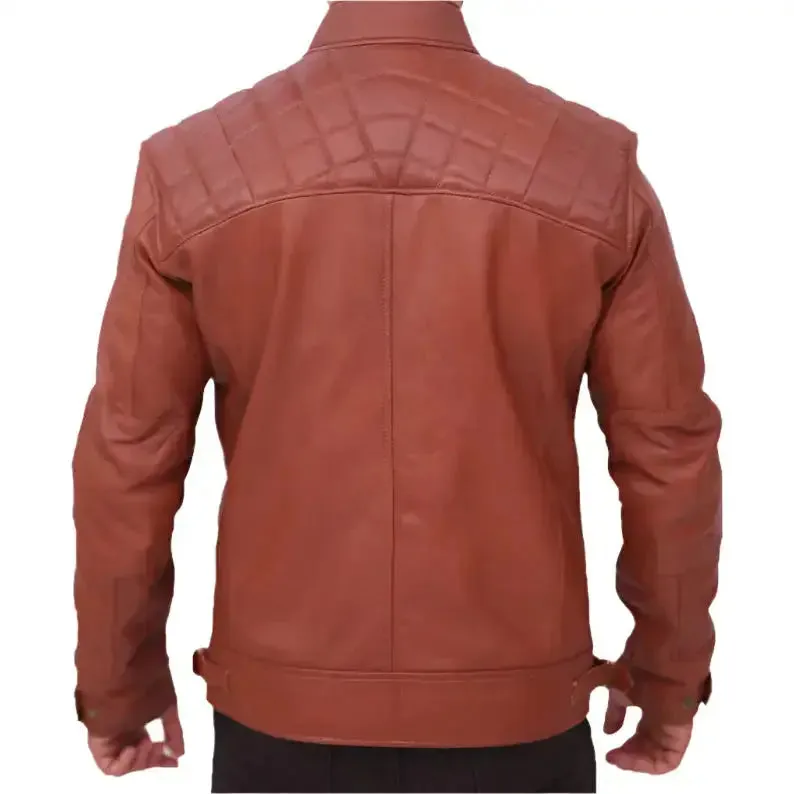 Men's Quilted Distressed Brown Leather Jacket - Café Racer Style