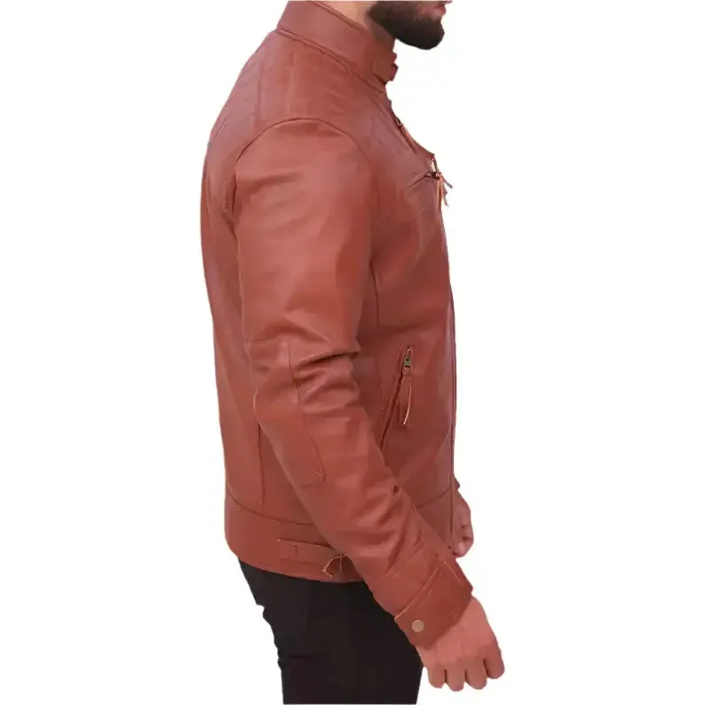 Men's Quilted Distressed Brown Leather Jacket - Café Racer Style