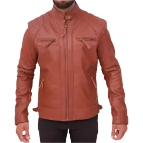 Men's Quilted Distressed Brown Leather Jacket - Café Racer Style