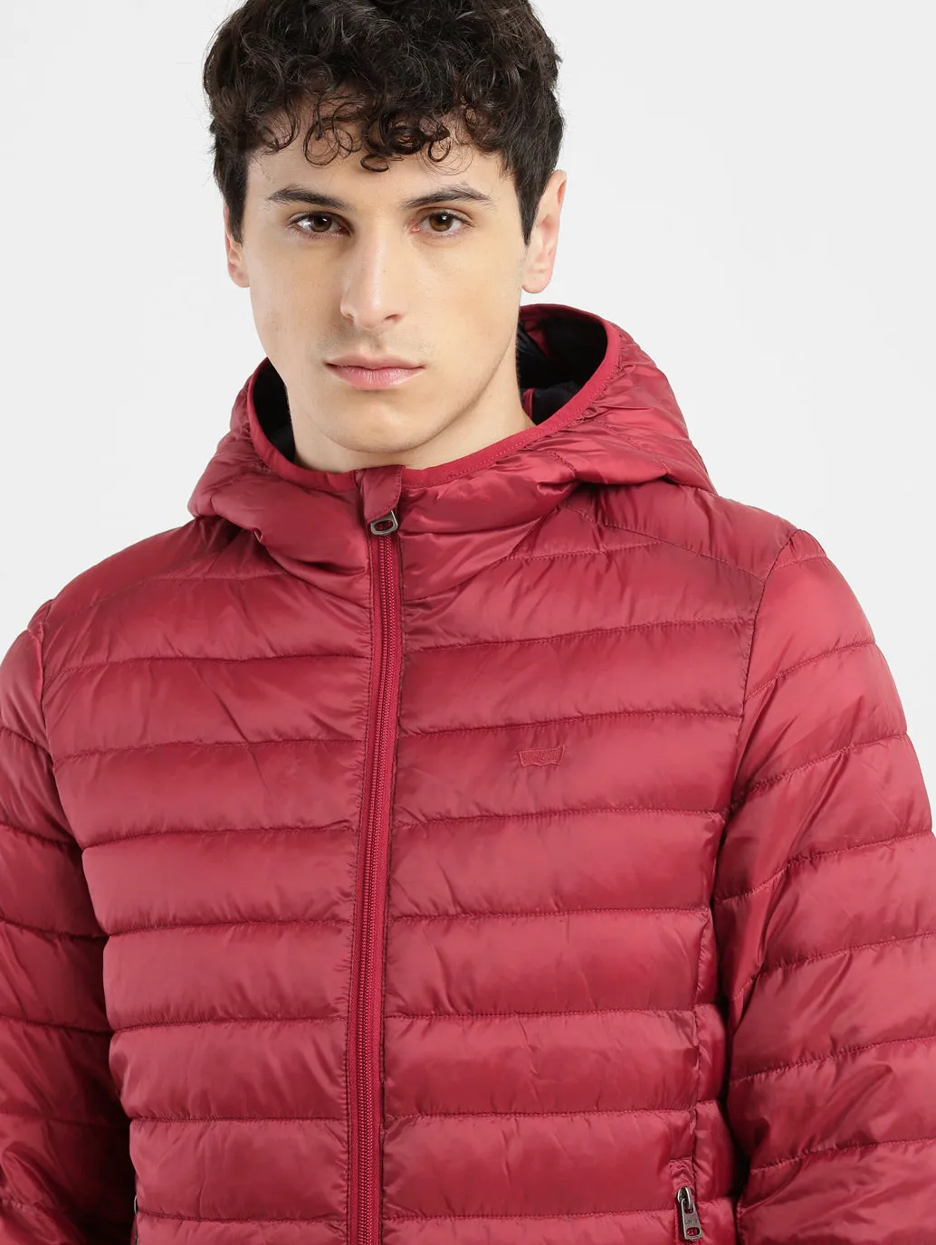 Men's Solid Red Hooded Quilted Jacket