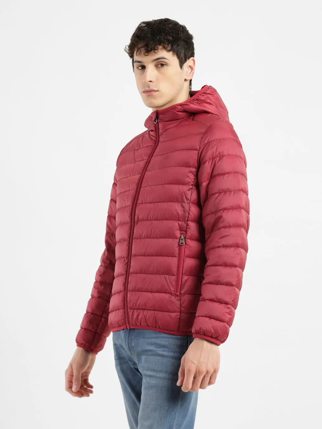 Men's Solid Red Hooded Quilted Jacket