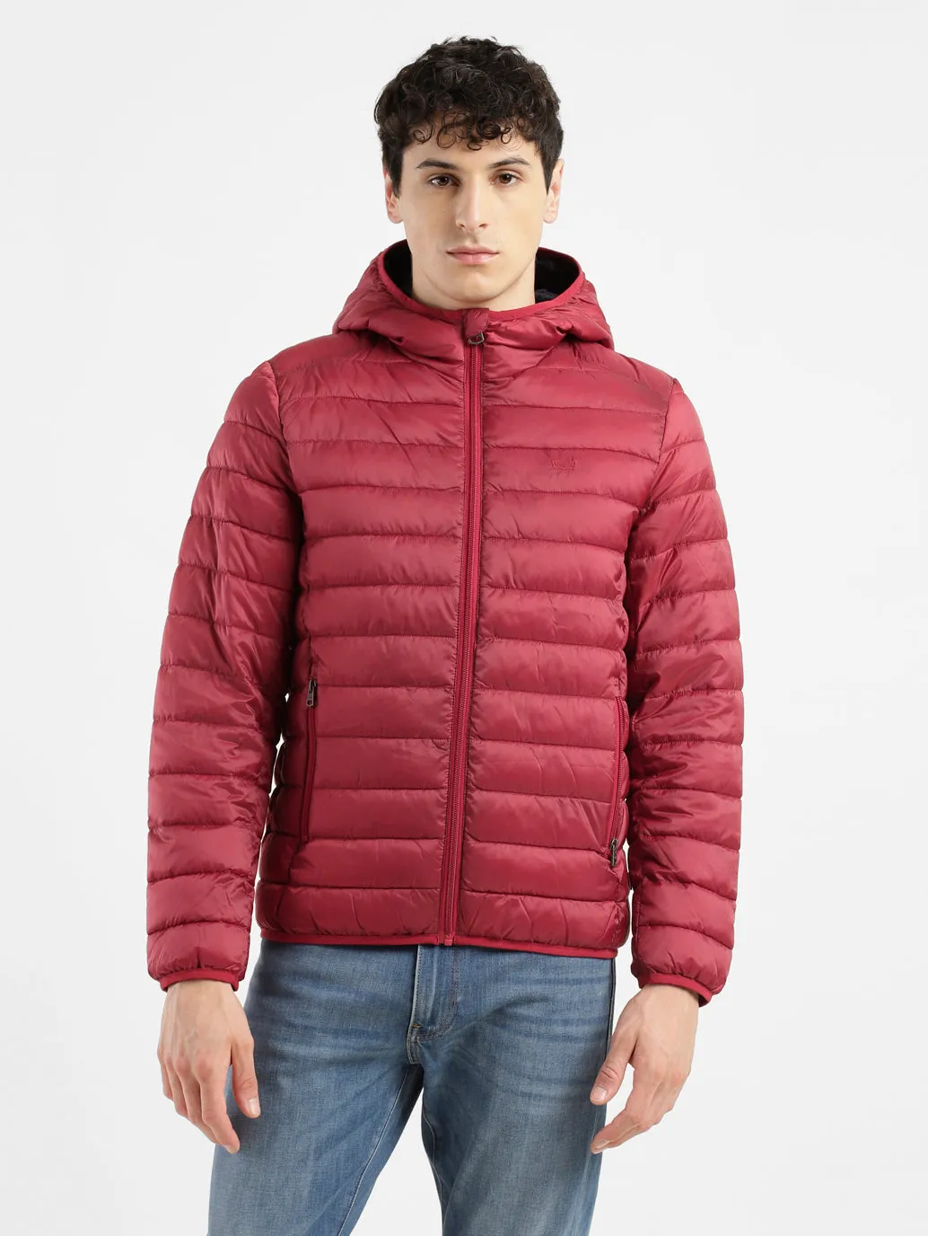 Men's Solid Red Hooded Quilted Jacket