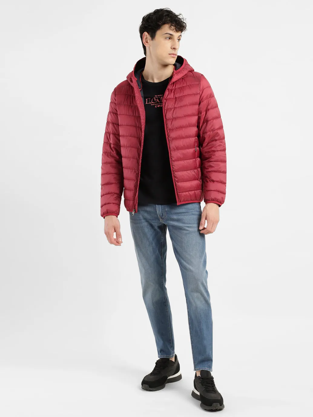 Men's Solid Red Hooded Quilted Jacket