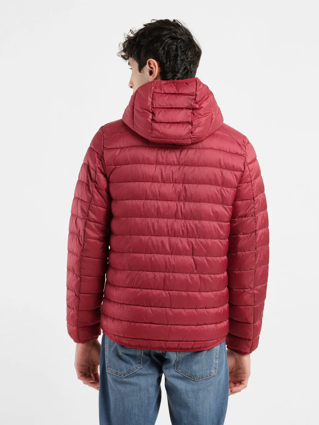 Men's Solid Red Hooded Quilted Jacket