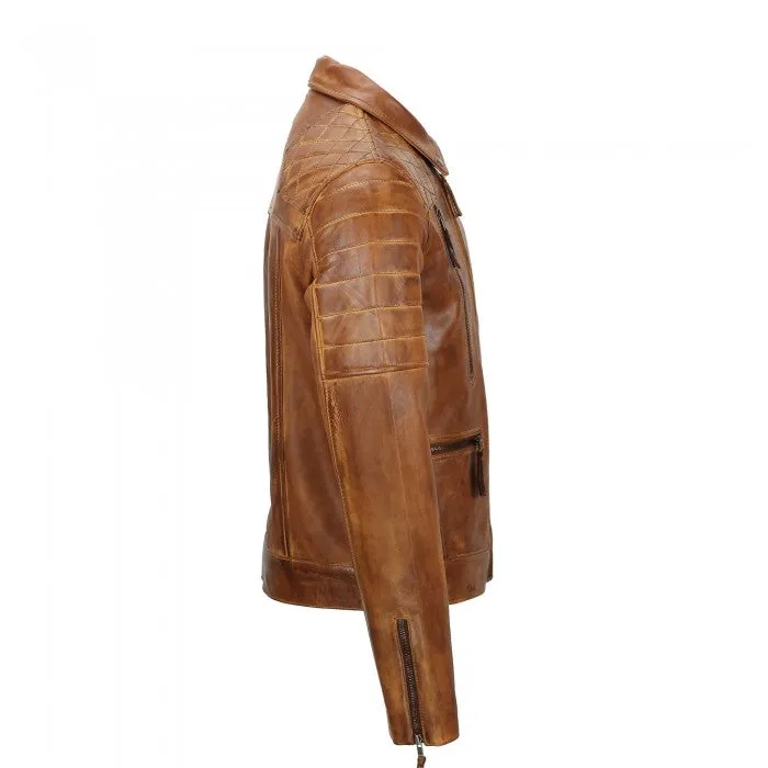 Men's Tan Sheep Leather Vintage Style Biker Fashion Casual Leather Jacket