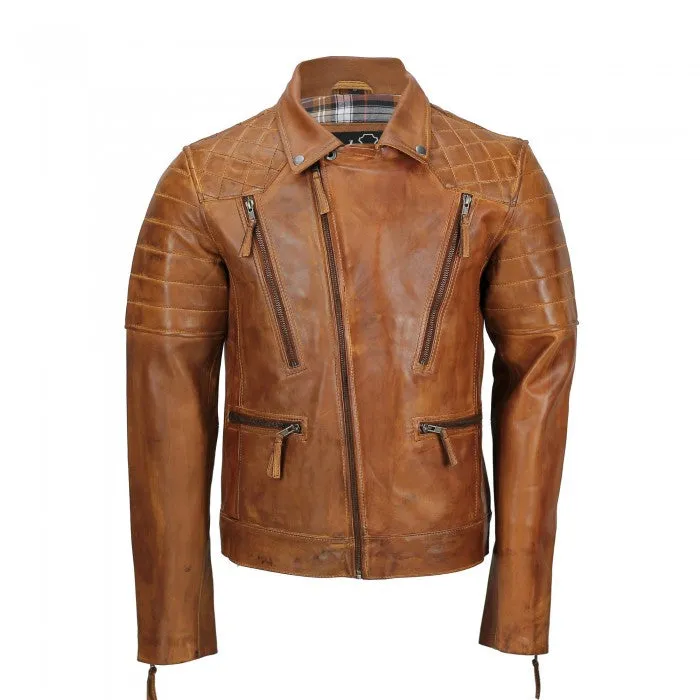 Men's Tan Sheep Leather Vintage Style Biker Fashion Casual Leather Jacket
