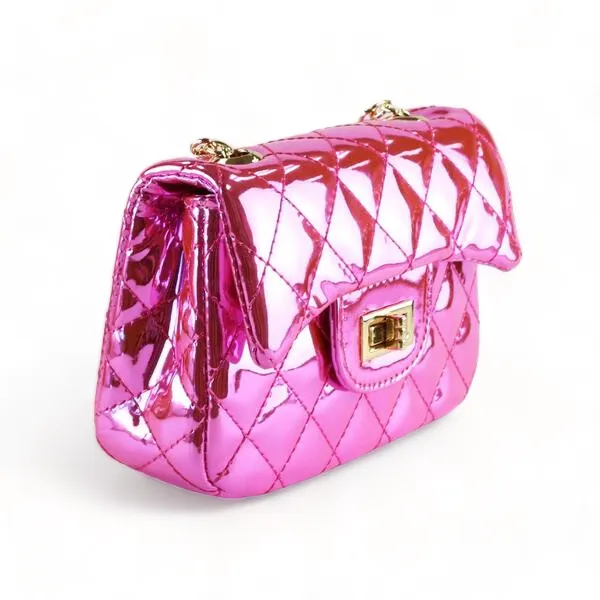 Metallic Crossbody Quilted Purse - Fuchsia