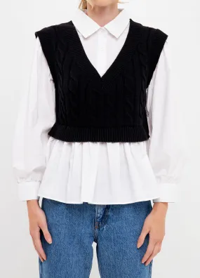 Mixed Media Sweater Vest Twofer Top