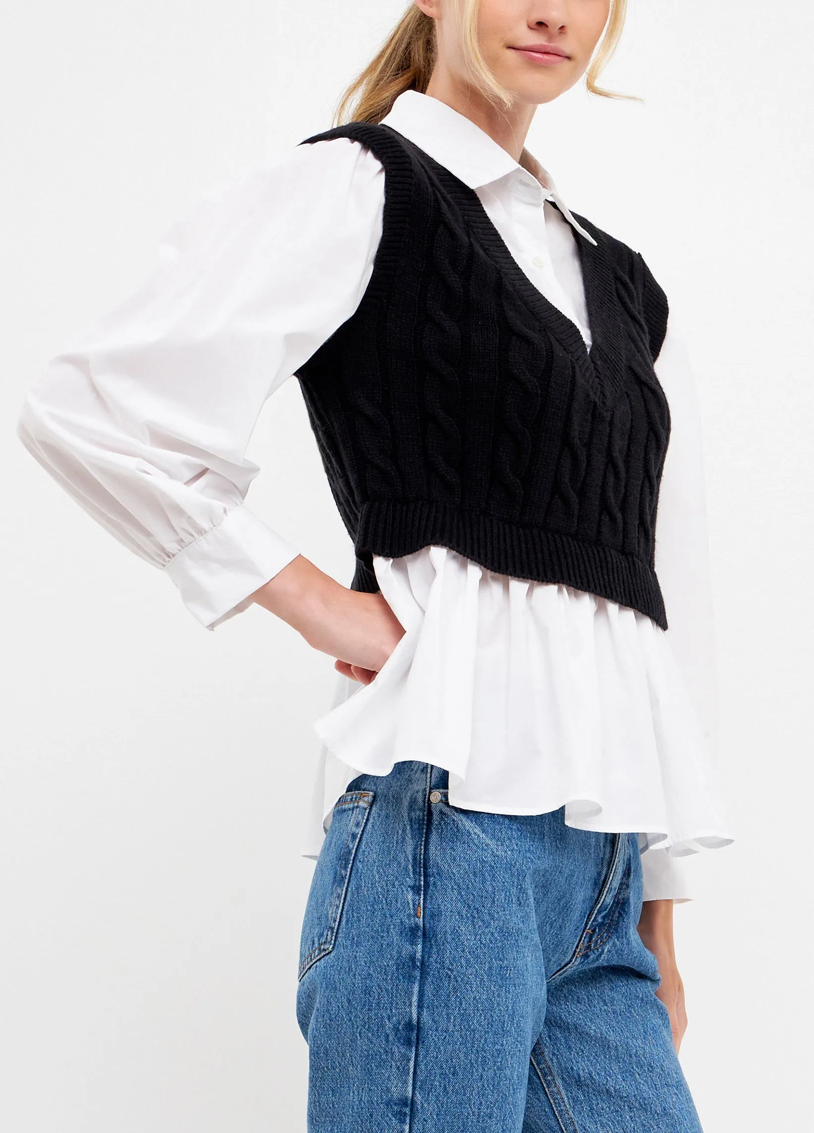 Mixed Media Sweater Vest Twofer Top
