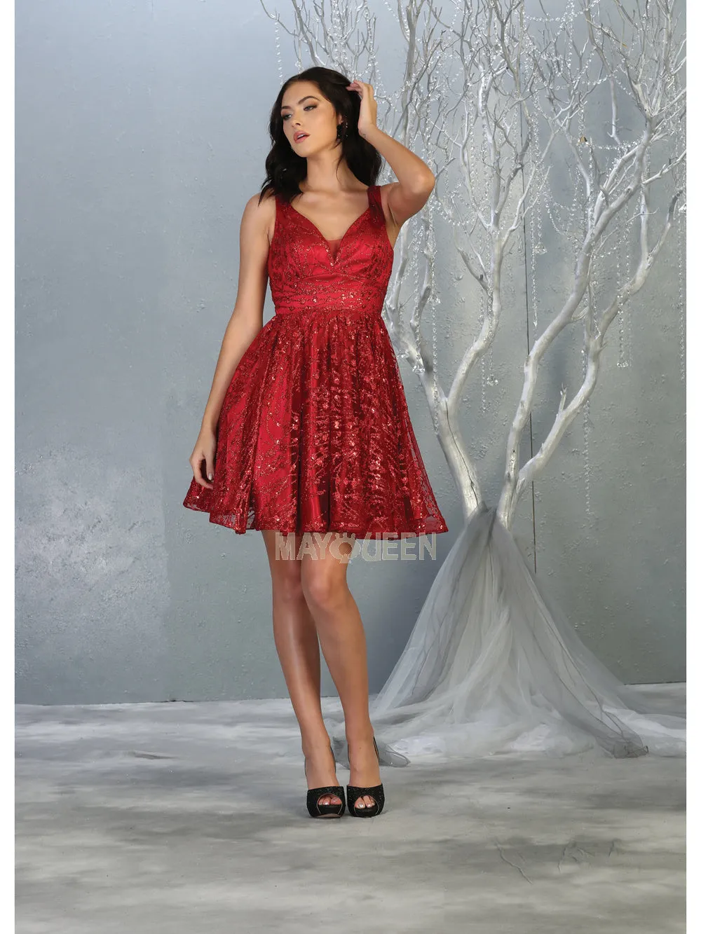 MQ 1702 - Glitter Print A-Line Homecoming Dress with V-Neck