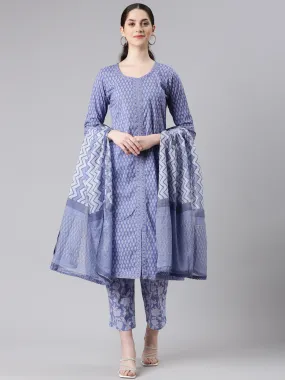 Neerus Women Blue Anarkali Kurta and Trousers With Dupatta