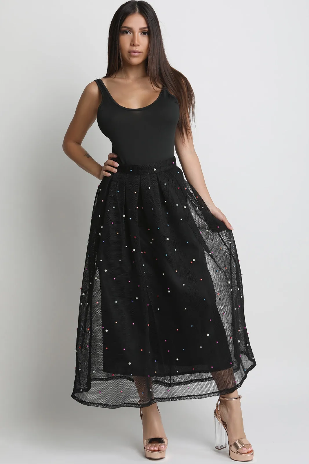 Netted Mesh Multi-Colored Pearl Trench Coat With Skirt Set