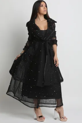 Netted Mesh Multi-Colored Pearl Trench Coat With Skirt Set