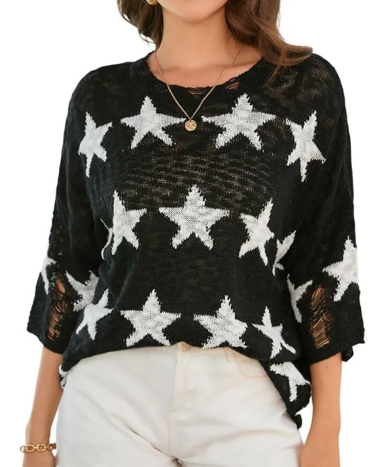NEW! Star Print Half Sleeve Distressed Knit Top
