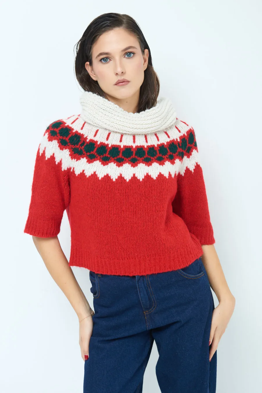 Nordic pattern short-sleeve knit sweater wholesale