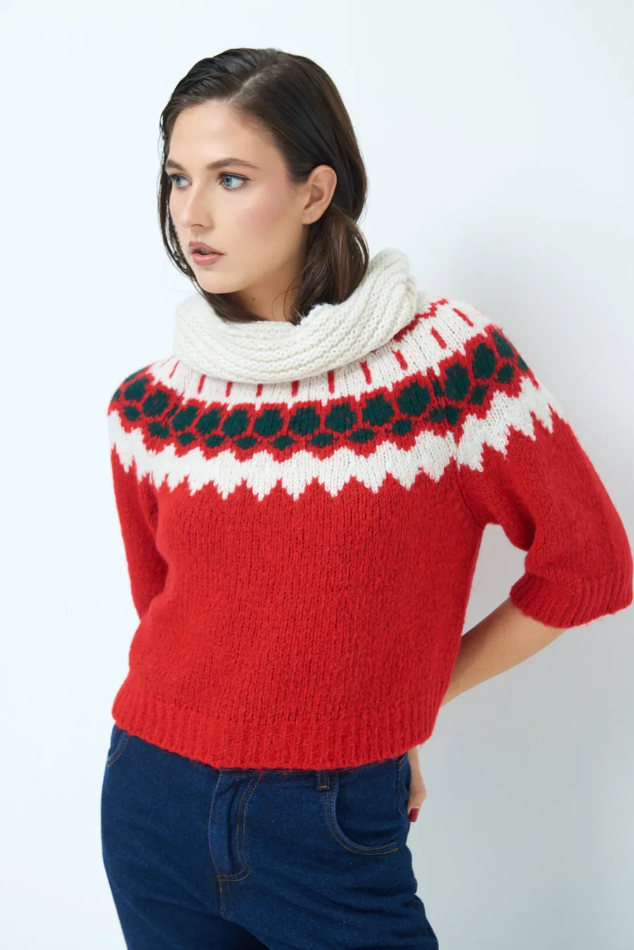 Nordic pattern short-sleeve knit sweater wholesale