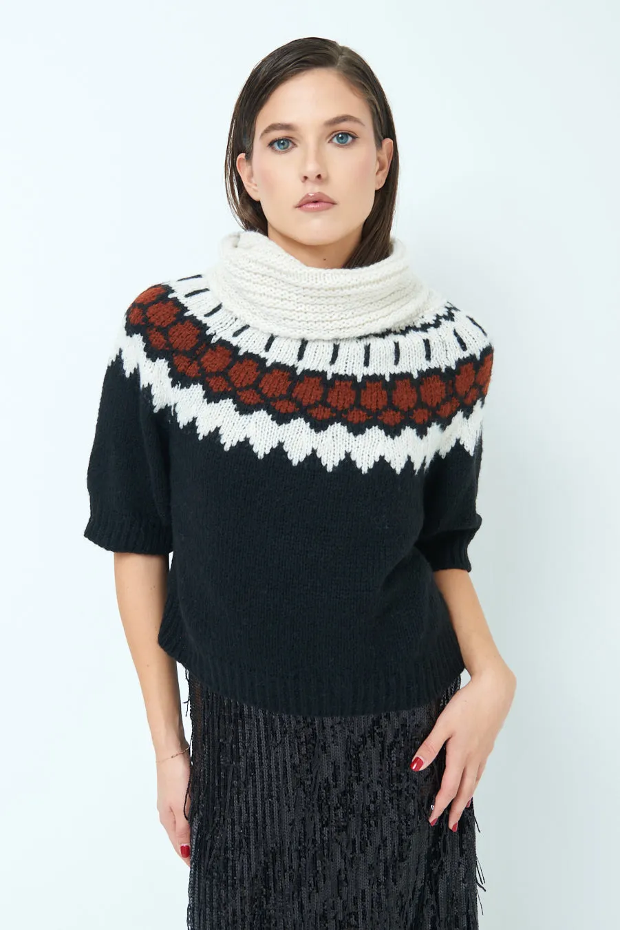Nordic pattern short-sleeve knit sweater wholesale