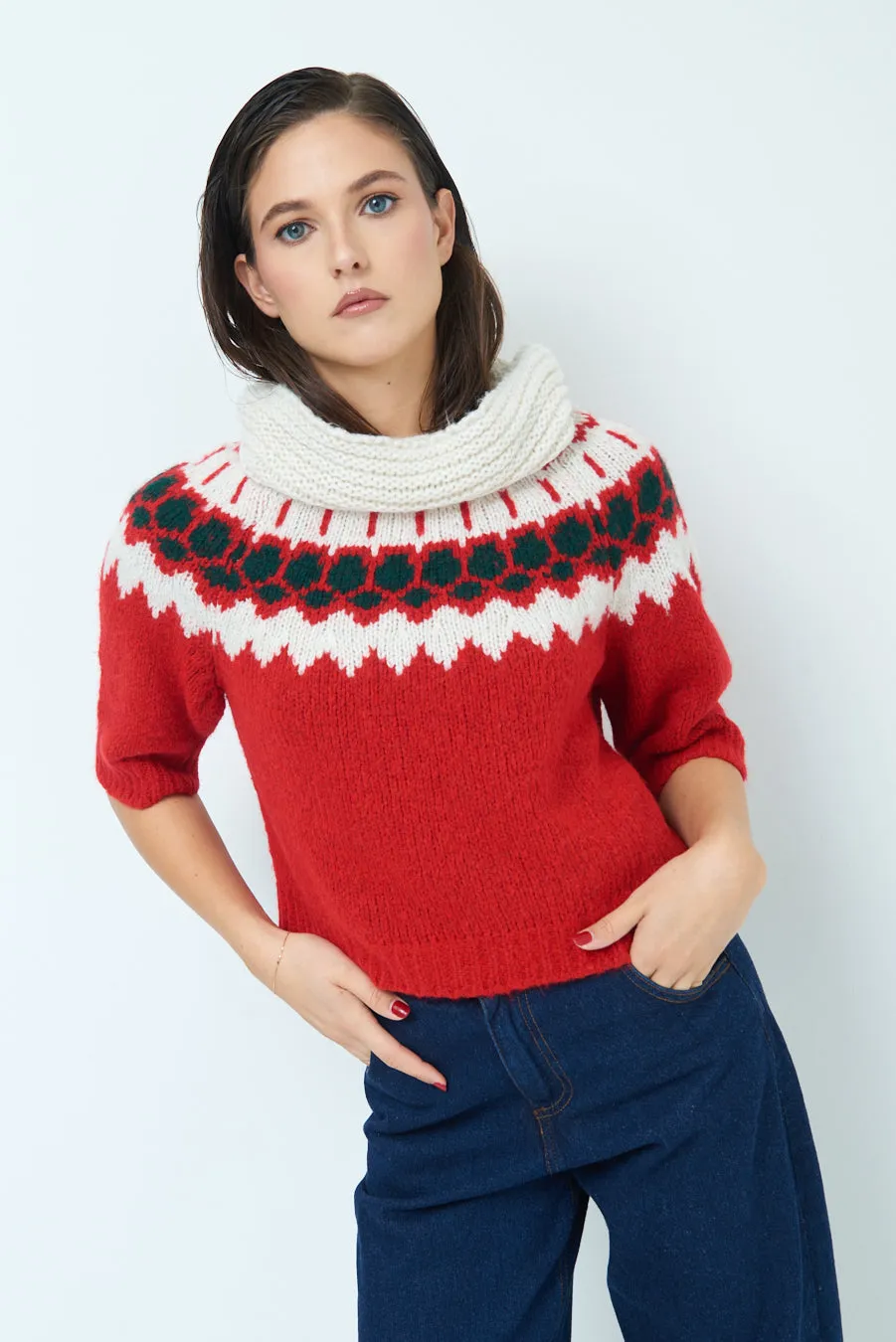 Nordic pattern short-sleeve knit sweater wholesale