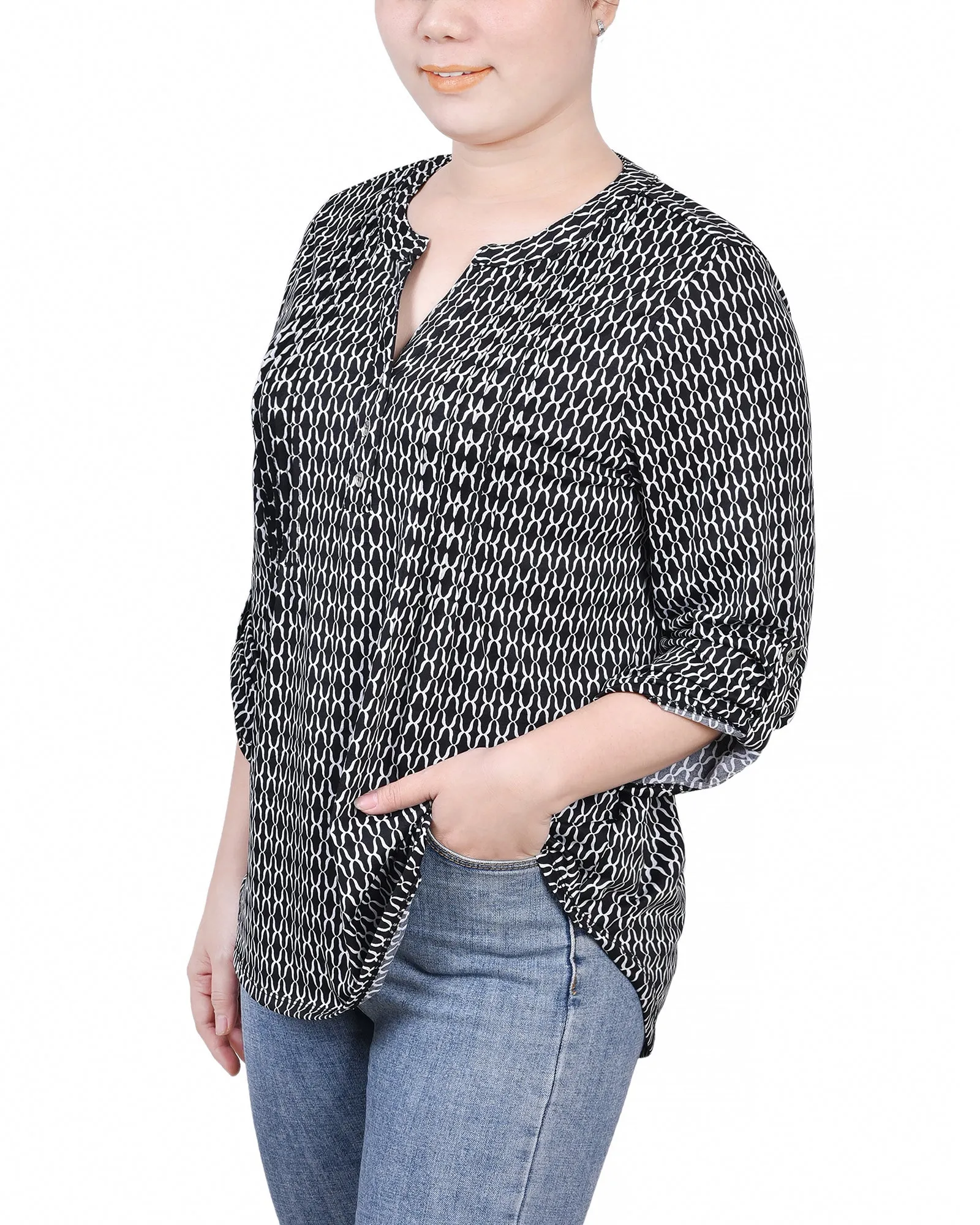 Petite 3/4 Roll Tab Sleeve Y Neck Top
