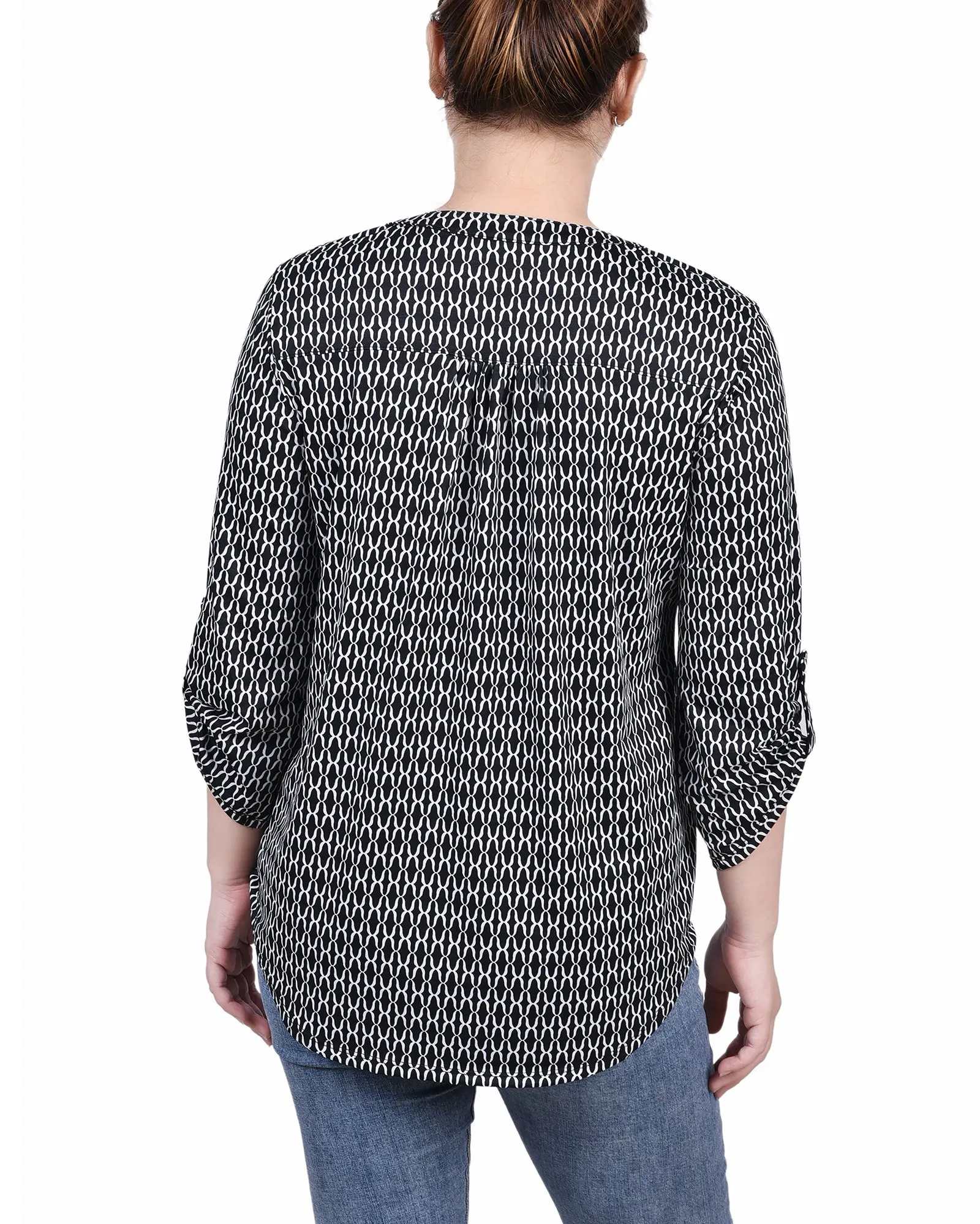 Petite 3/4 Roll Tab Sleeve Y Neck Top