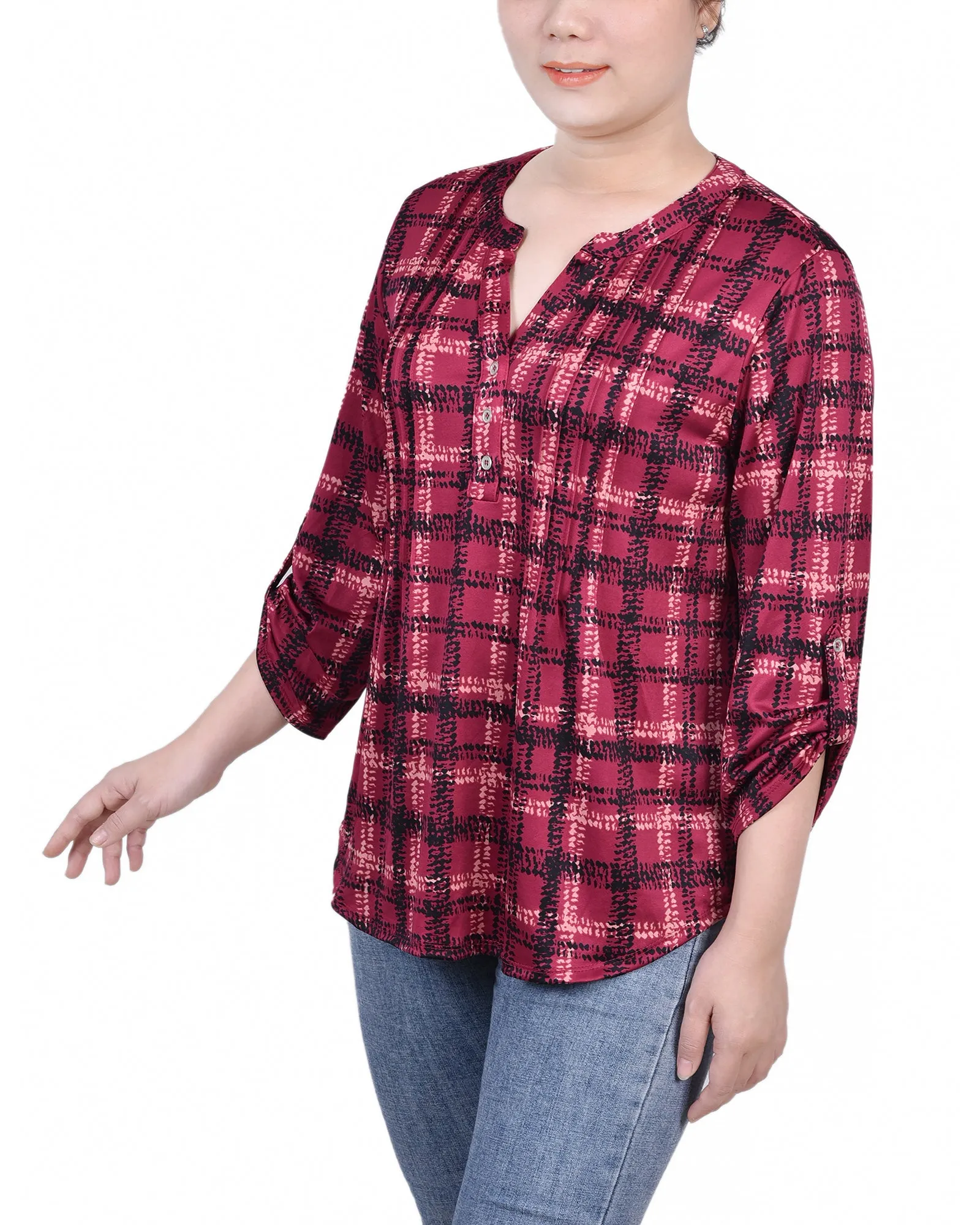 Petite 3/4 Roll Tab Sleeve Y Neck Top