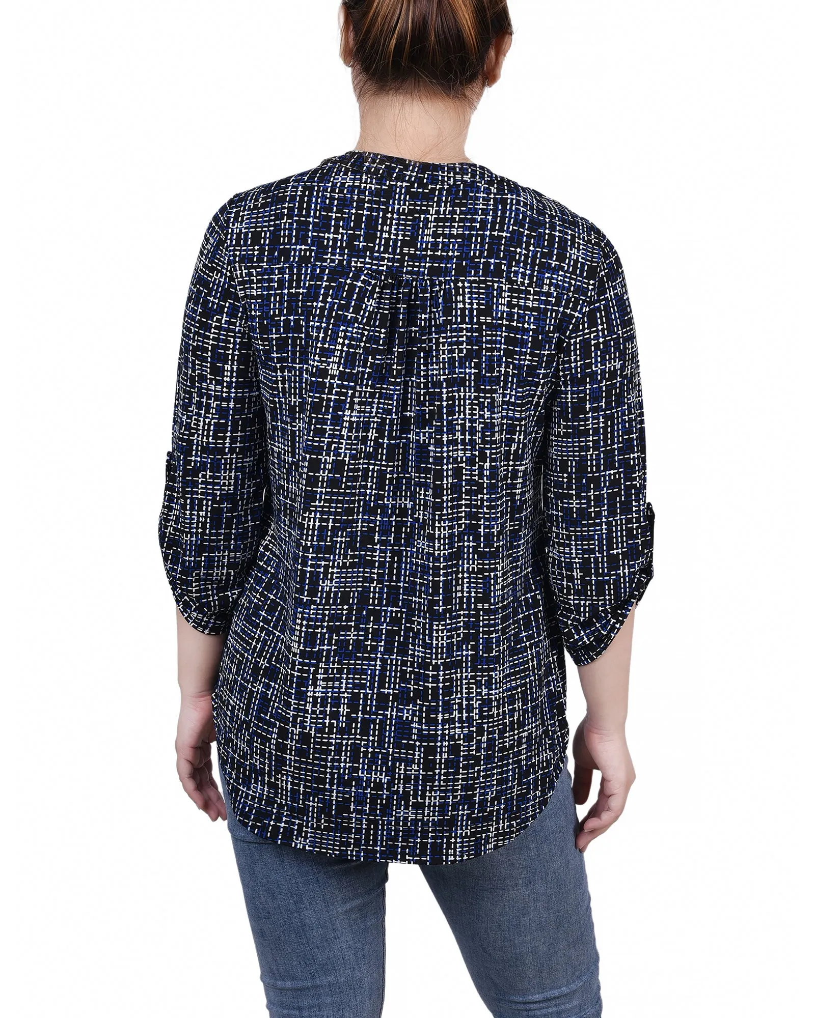 Petite 3/4 Roll Tab Sleeve Y Neck Top