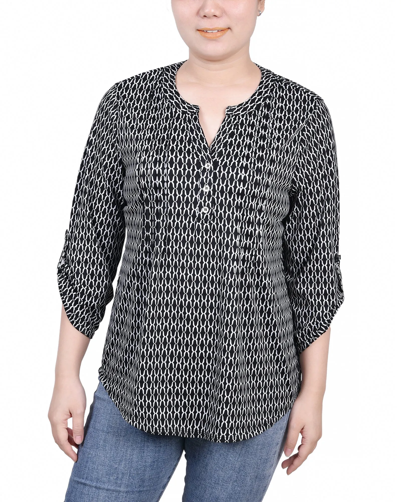 Petite 3/4 Roll Tab Sleeve Y Neck Top