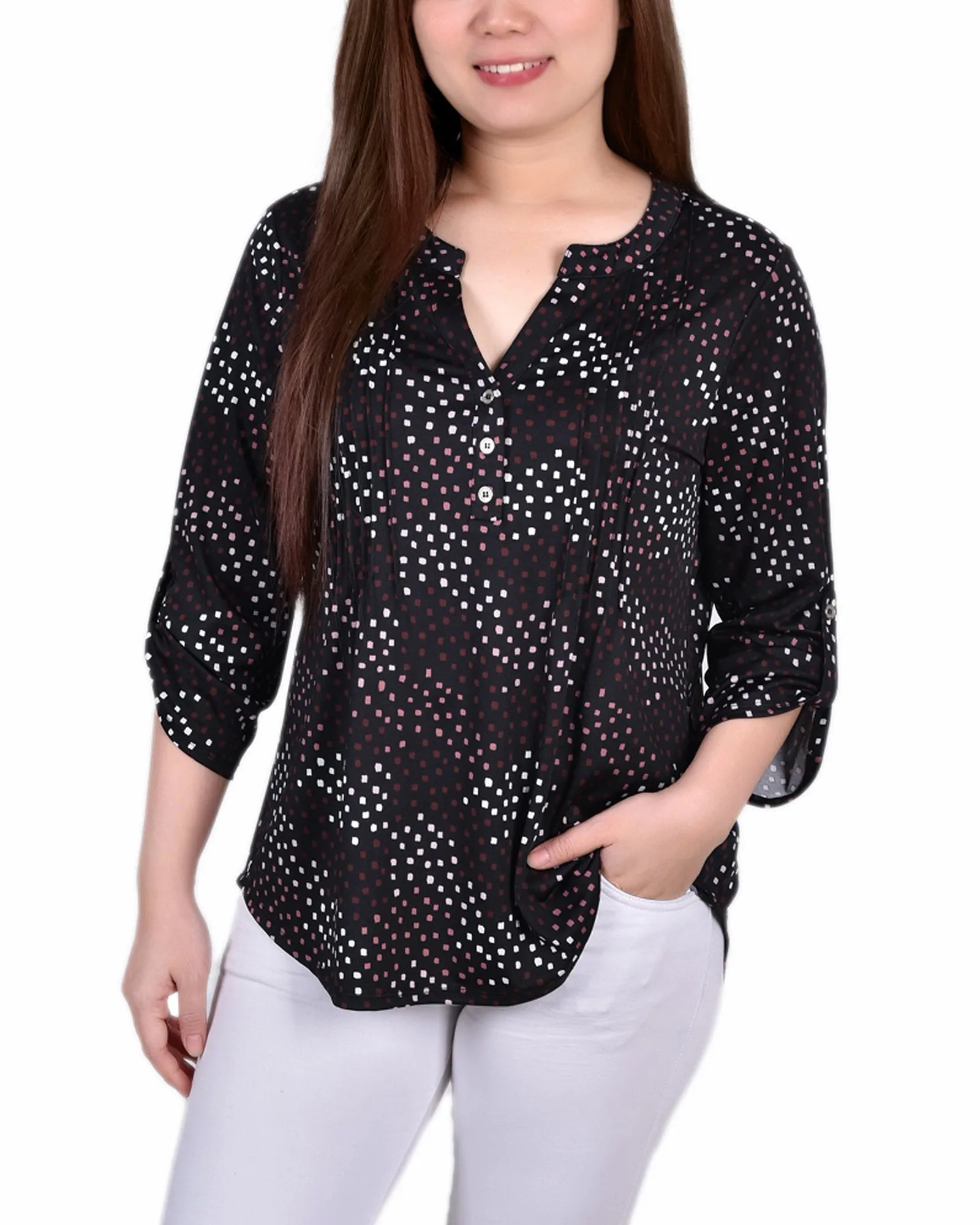 Petite 3/4 Roll Tab Sleeve Y Neck Top
