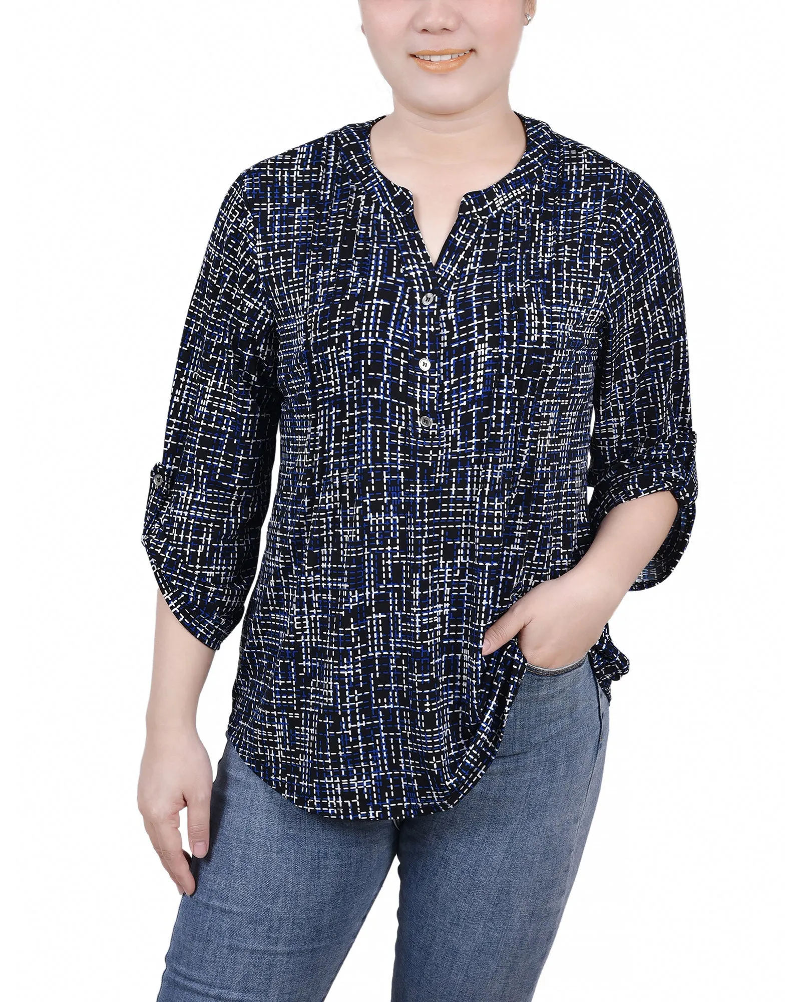 Petite 3/4 Roll Tab Sleeve Y Neck Top