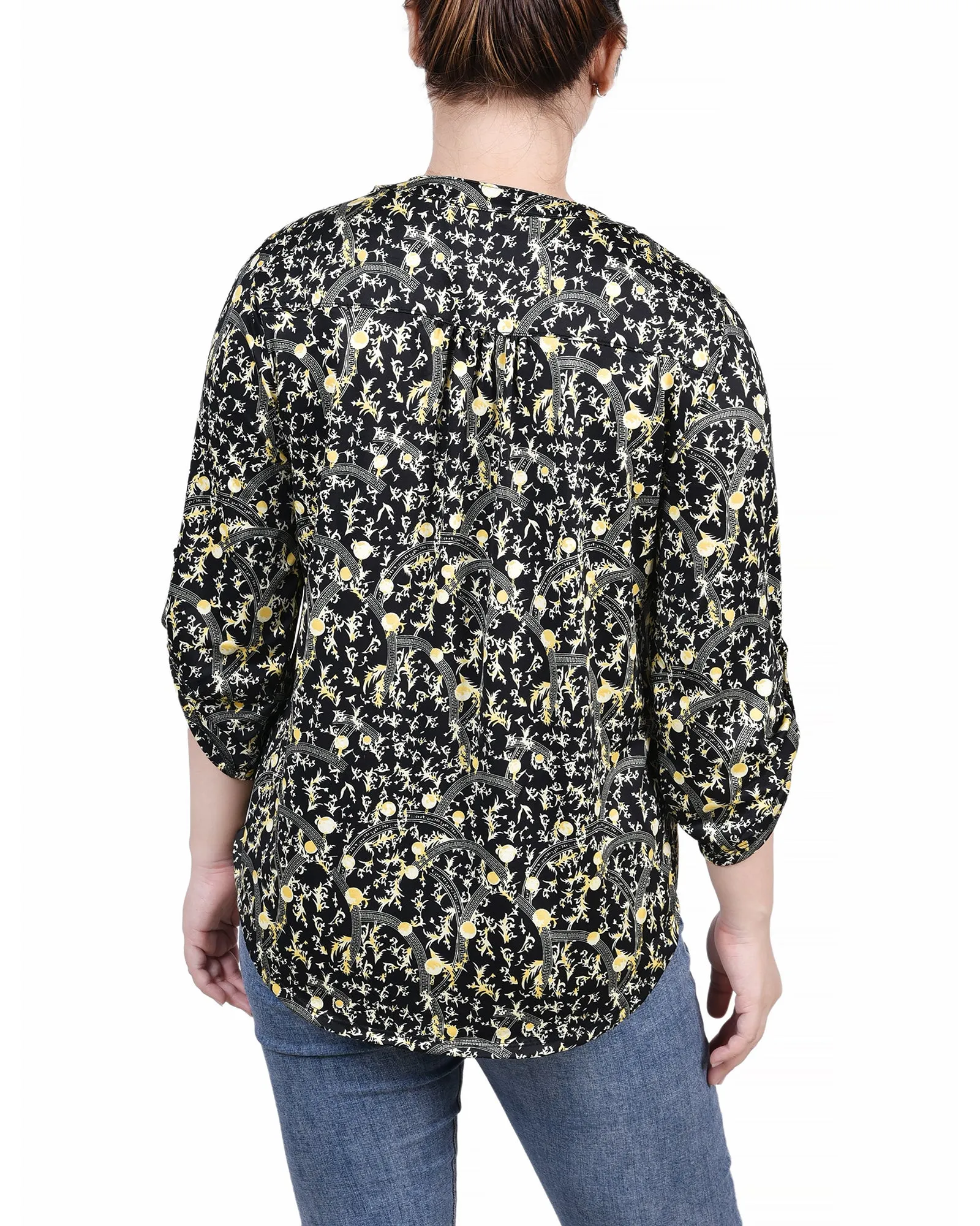 Petite 3/4 Roll Tab Sleeve Y Neck Top