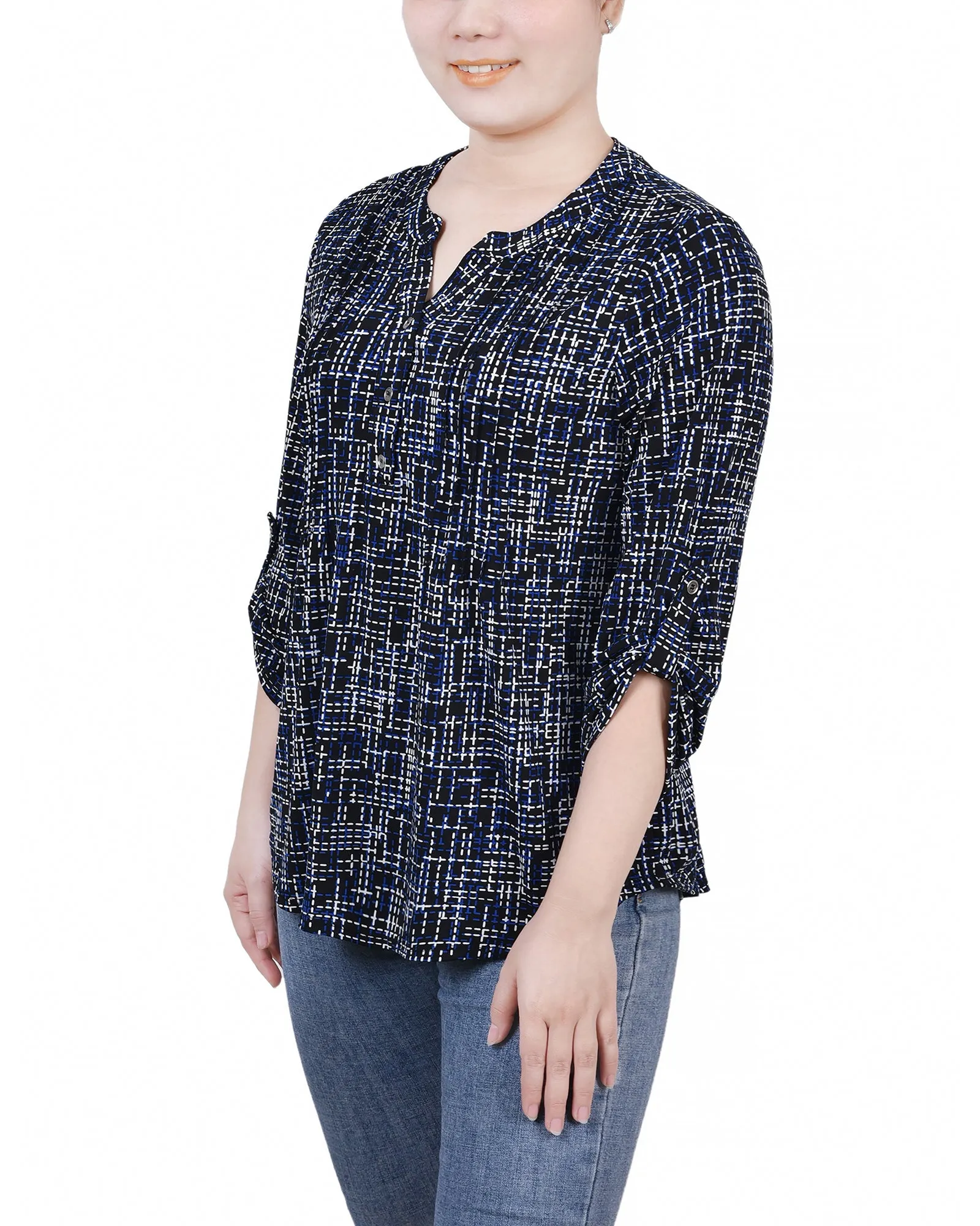 Petite 3/4 Roll Tab Sleeve Y Neck Top