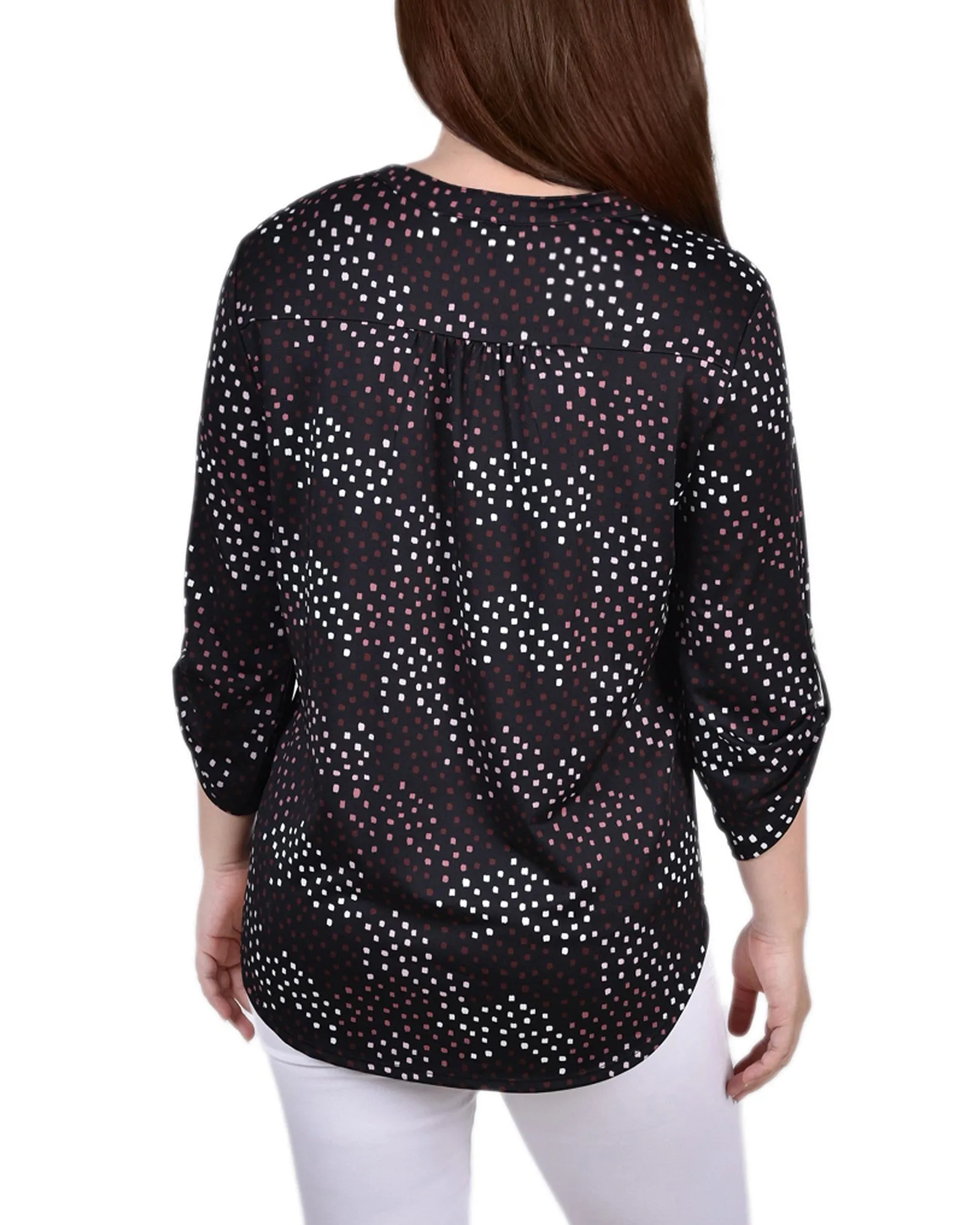 Petite 3/4 Roll Tab Sleeve Y Neck Top